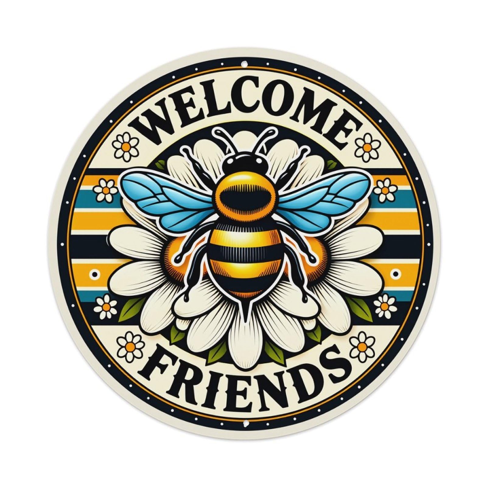 Bee Flower Welcome Friends Pattern Metal Tin Sign Vintage Garden Bedroom Cafe Bar Man Cave Home Wall Decor Metal Poster 8x8 inches