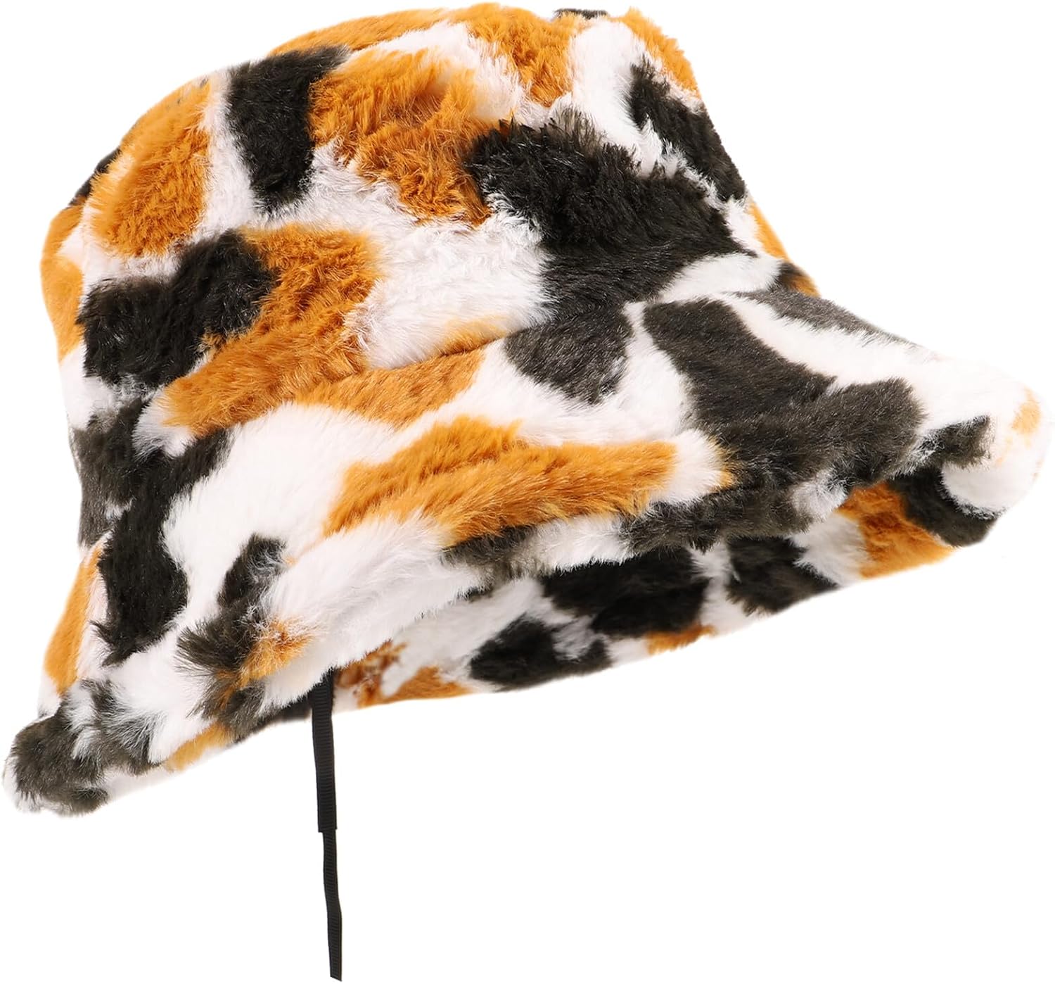 Mikikit Plush Cow Print Bucket Hat for Women, Thick Warm Winter Fisherman Cap with Colorful Cow Pattern, Comfortable Outdoor Plush Hat for Autumn and Cold Weather