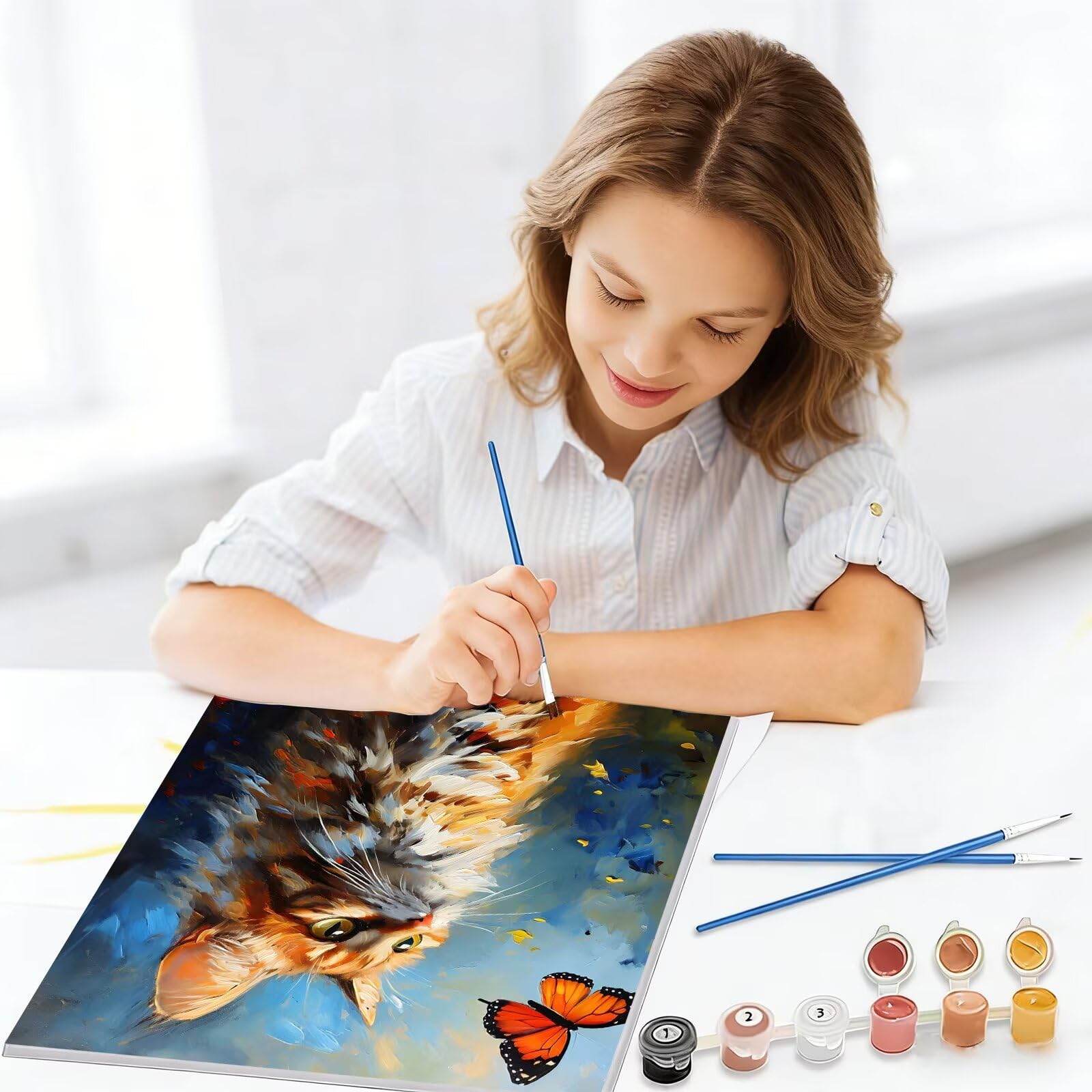 Malowanie według liczb dla dorosłych, 90 x 120 cm zestaw do malowania według numerów kot dla dorosłych początkujących, Paint by Numbers motyl z akrylowymi pędzlami do rysowania, dekoracja domu i
