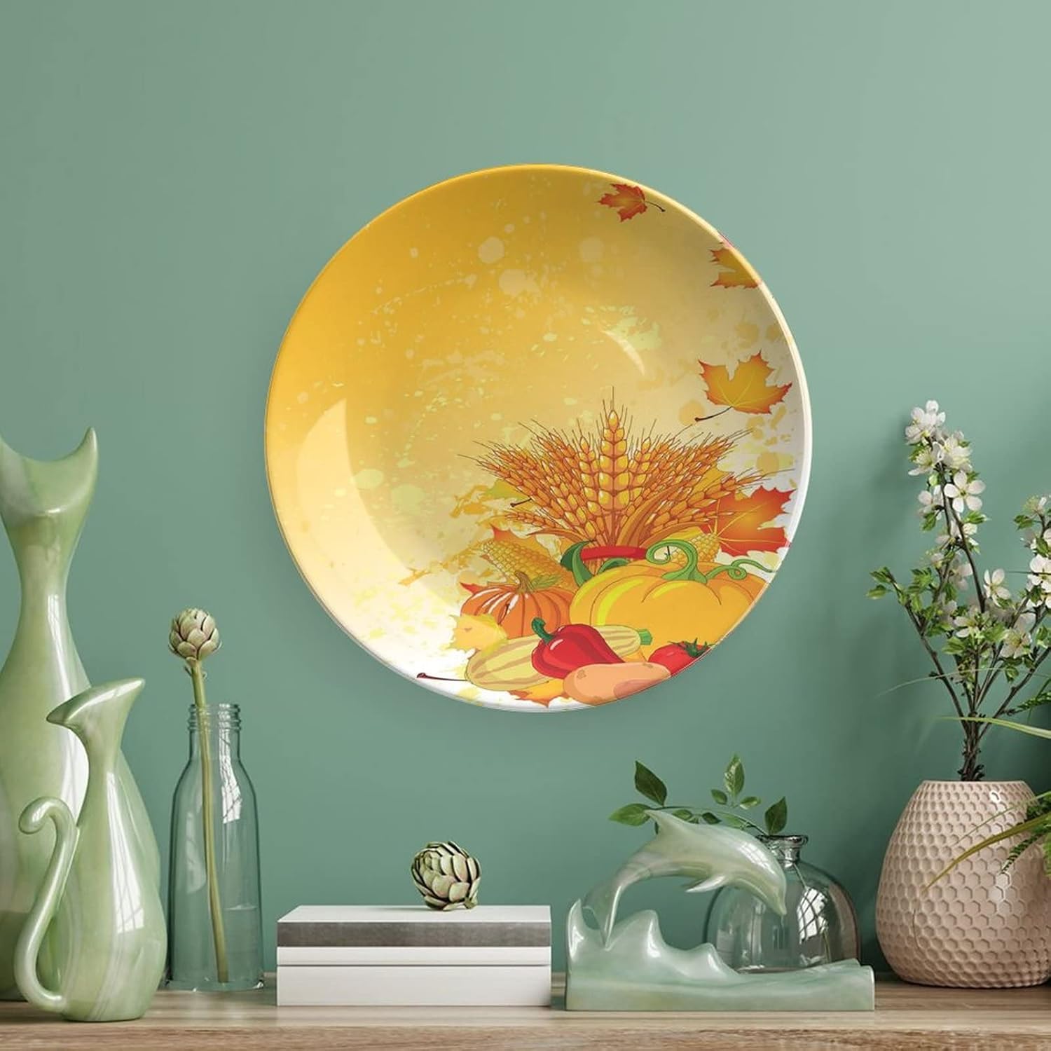 XISUNYA 8 Inch Decorative Plate, Harvest Ceramic Plate, Festive Vegetables Plump Pumpkins Wheat Fall Leaves Print Ceramic Wall Hanging for Home & Office Wall Hanging Decor