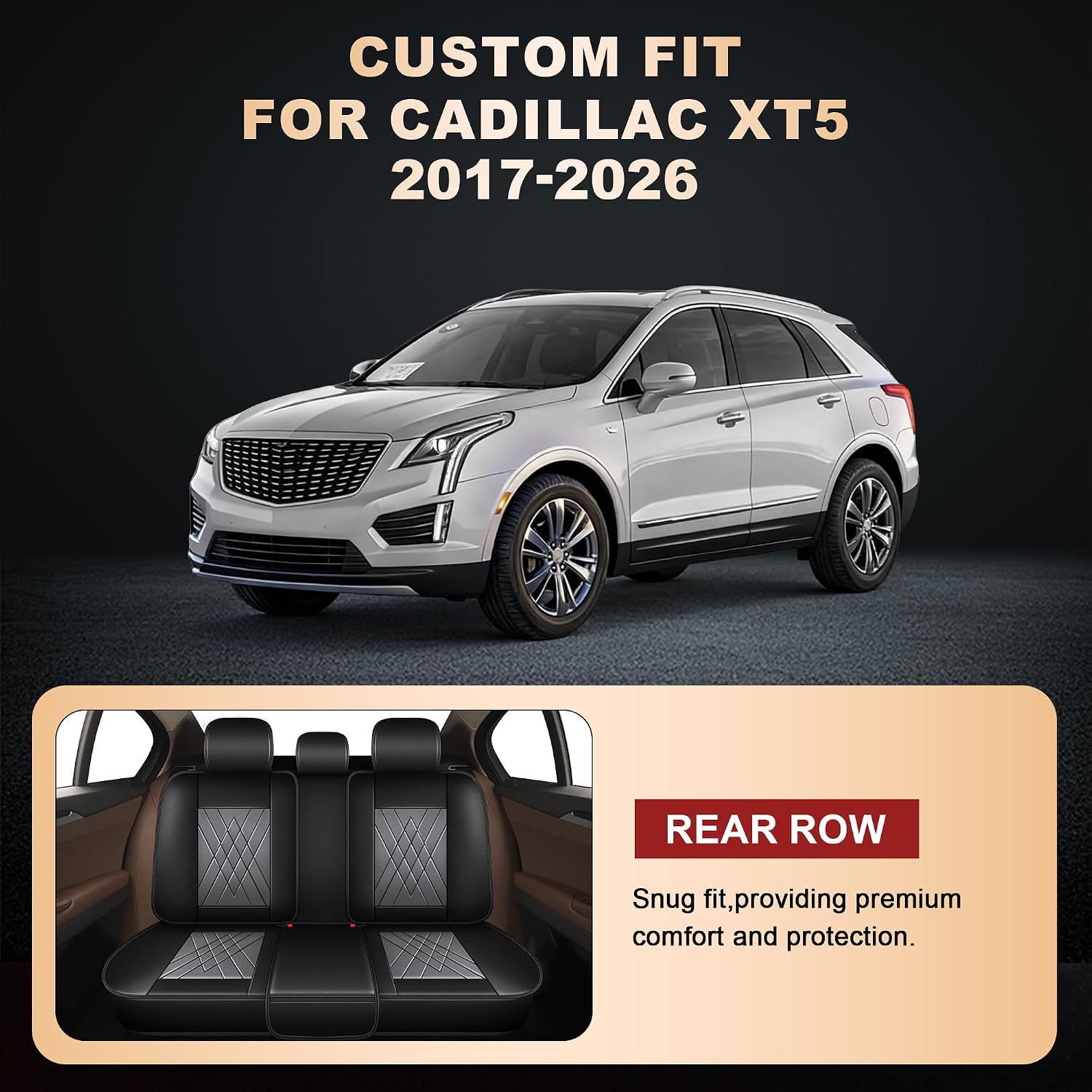 YORKNEIC Car Seat Covers for Cadillac XT5 2017-2025 2026: 5 Full Seats Faux Leather Seat Covers Full Set Waterproof Car Seat Protector (5 Full Seat,Black & Grey)