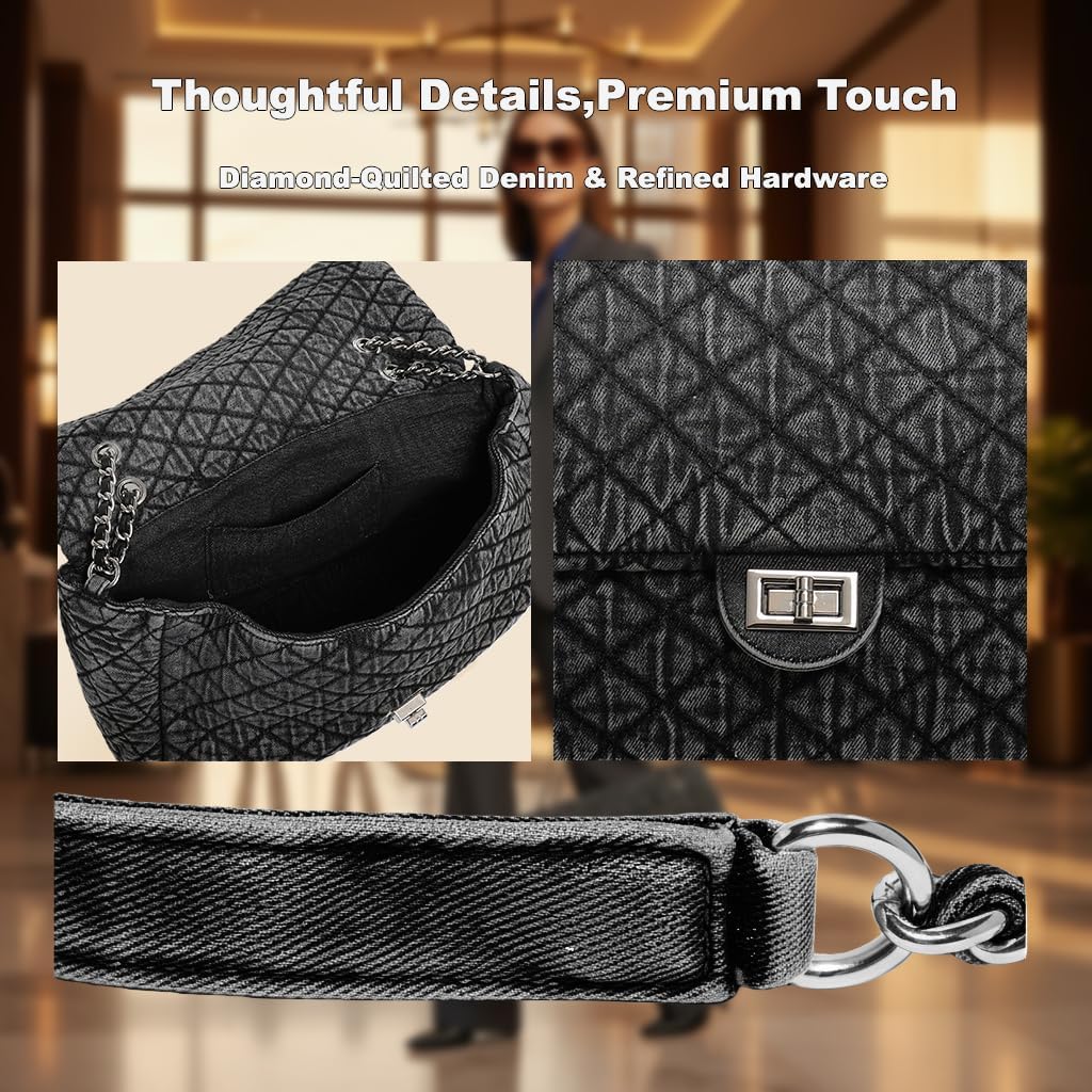 Quilted Denim Purse for Women, Large Capacity Vintage College Style Shoulder Bag Denim Tote Bag, Chain Crossbody Bag - Image 7