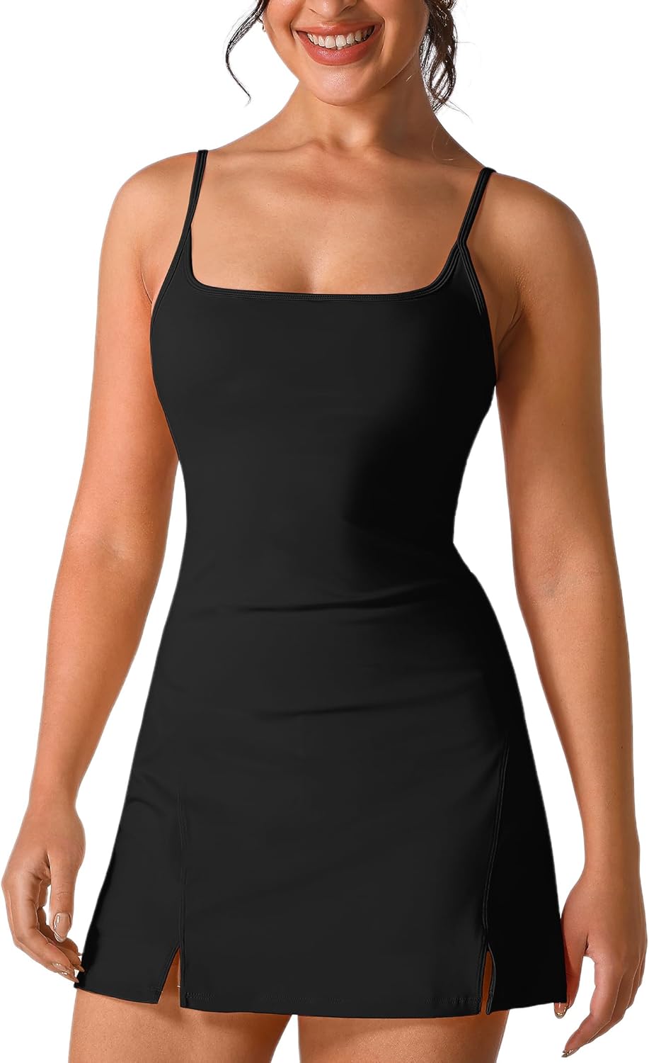 Women's Tennis Dress Built in Shorts with Pockets Sleeveless Ruffle A-line Cami Dress Active Yoga Golf Dress