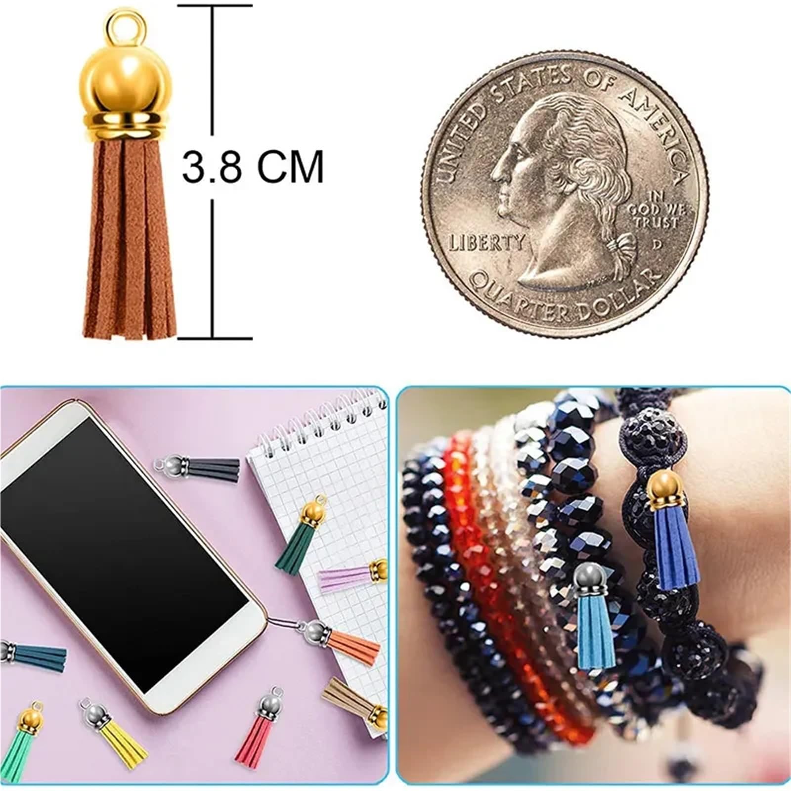 Quasten aus Velourslederimitat, 38 mm, Mini-Quasten, Vintage-Stil, für Schlüsselanhänger, Riemen, Schmuck, Faser-Fransen, DIY-Zubehör, 160 Stück, Beige