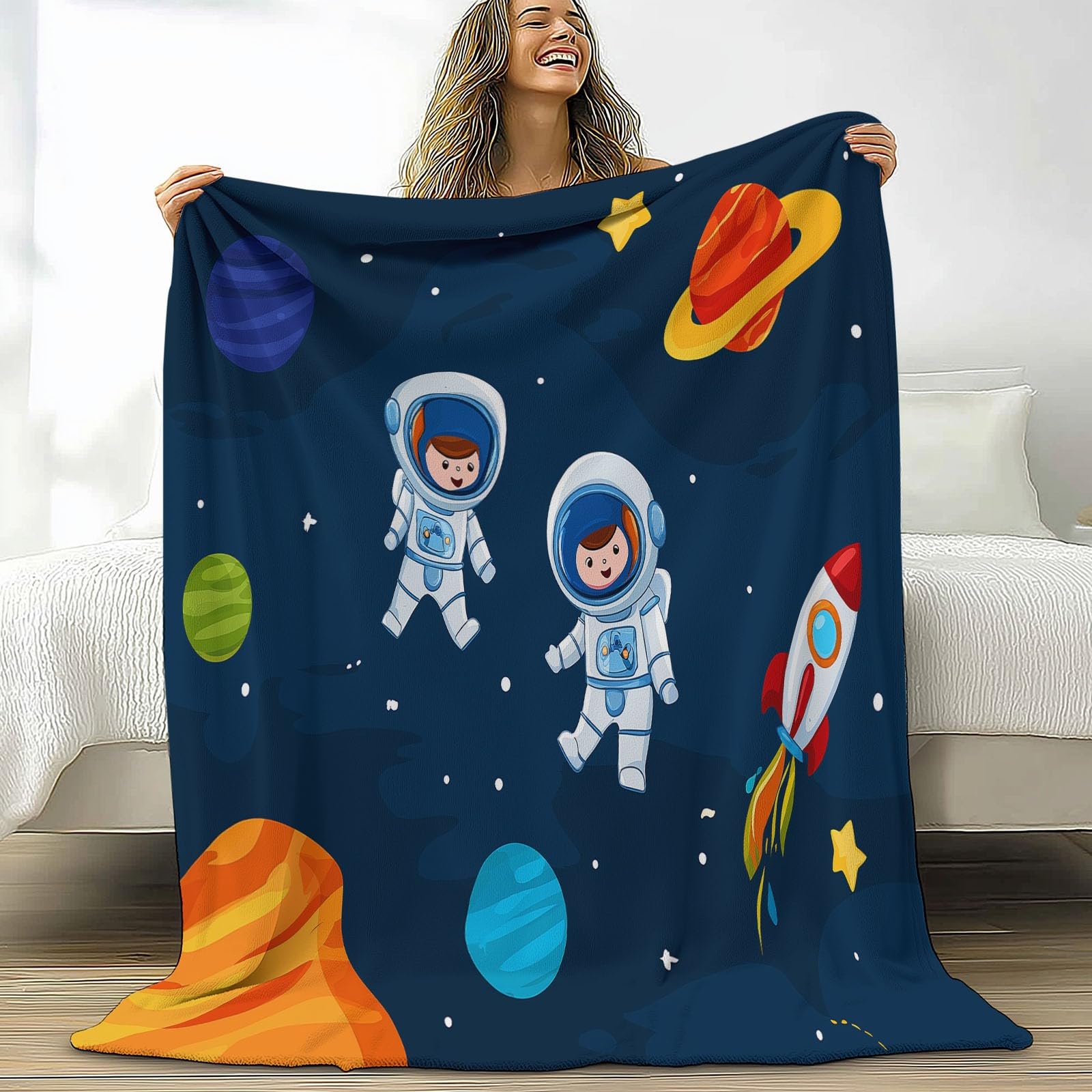 Plaid peluche grand chaud doux motif astronaute pour lit et canapé