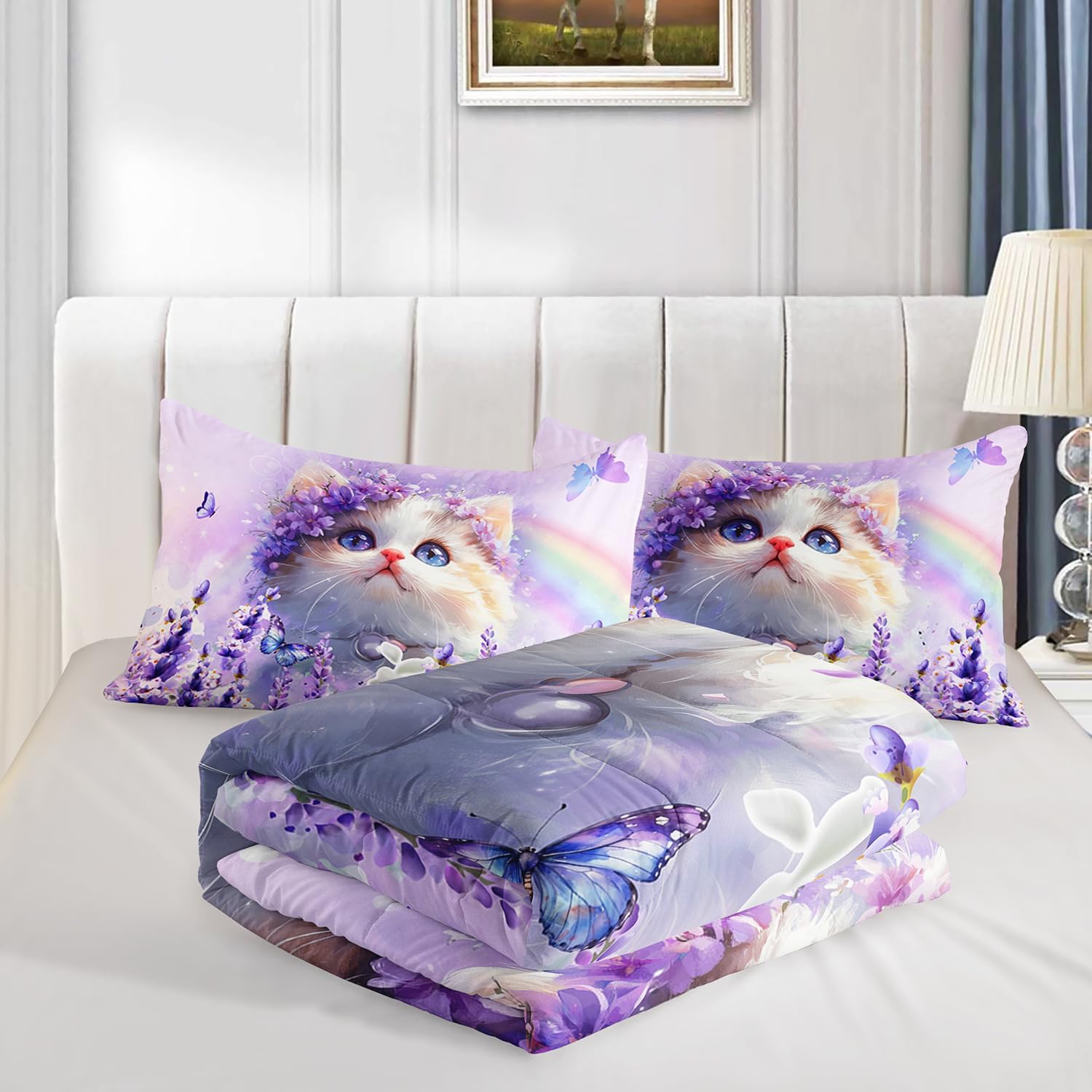 Cute Cats Comforter Twin Bedding Sets for Girls,Rainbow Lilac Butterfly Bed Set for Princess Toddler Room Decor,Kids Bedding with 2 Pillowcases.