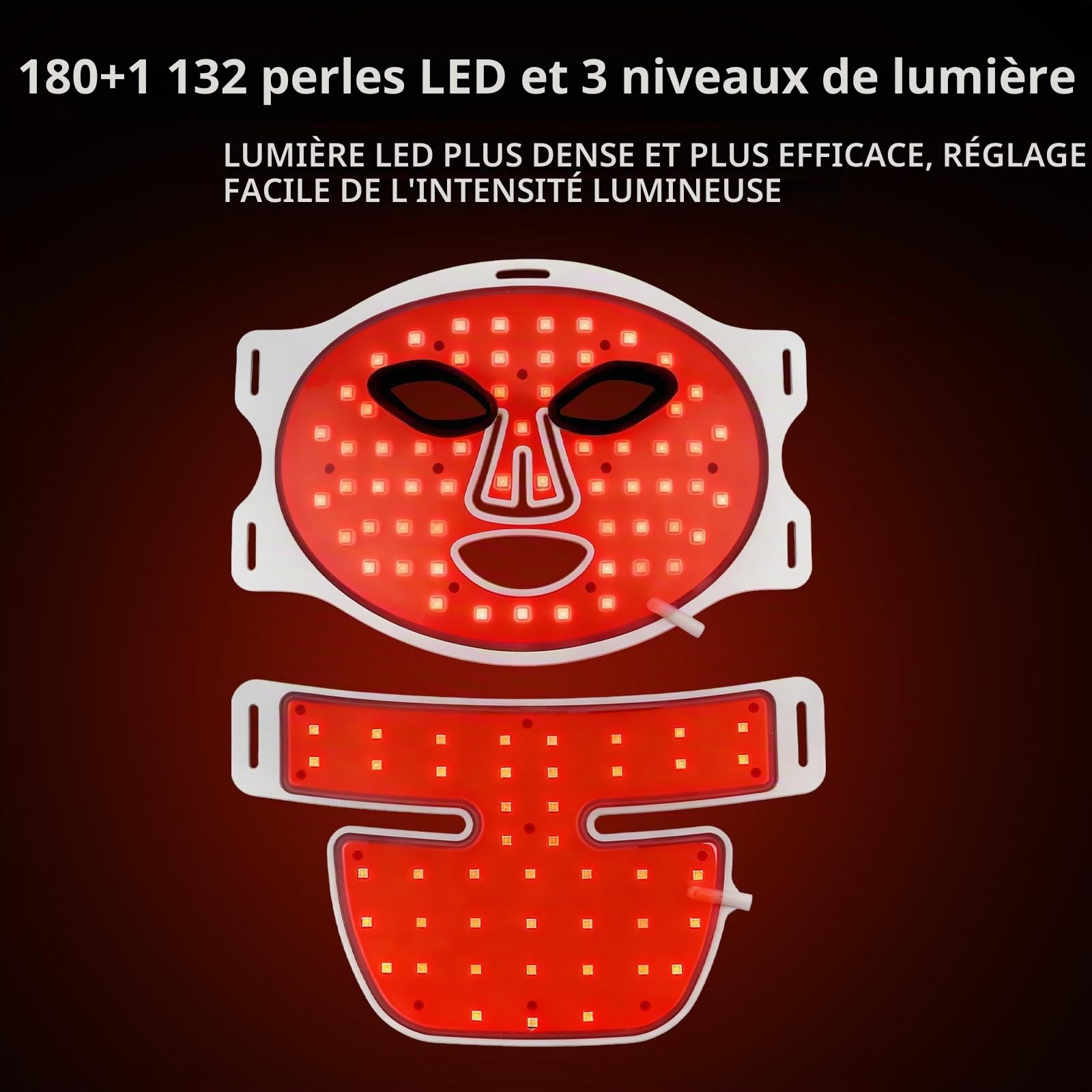 Masque LED Visage & Cou,Thérapie par Lumière Rouge à 7 Couleurs avec Minuterie Intelligente - Raffermissant, Soin Visage pour Tous Types de Peau,Blanc