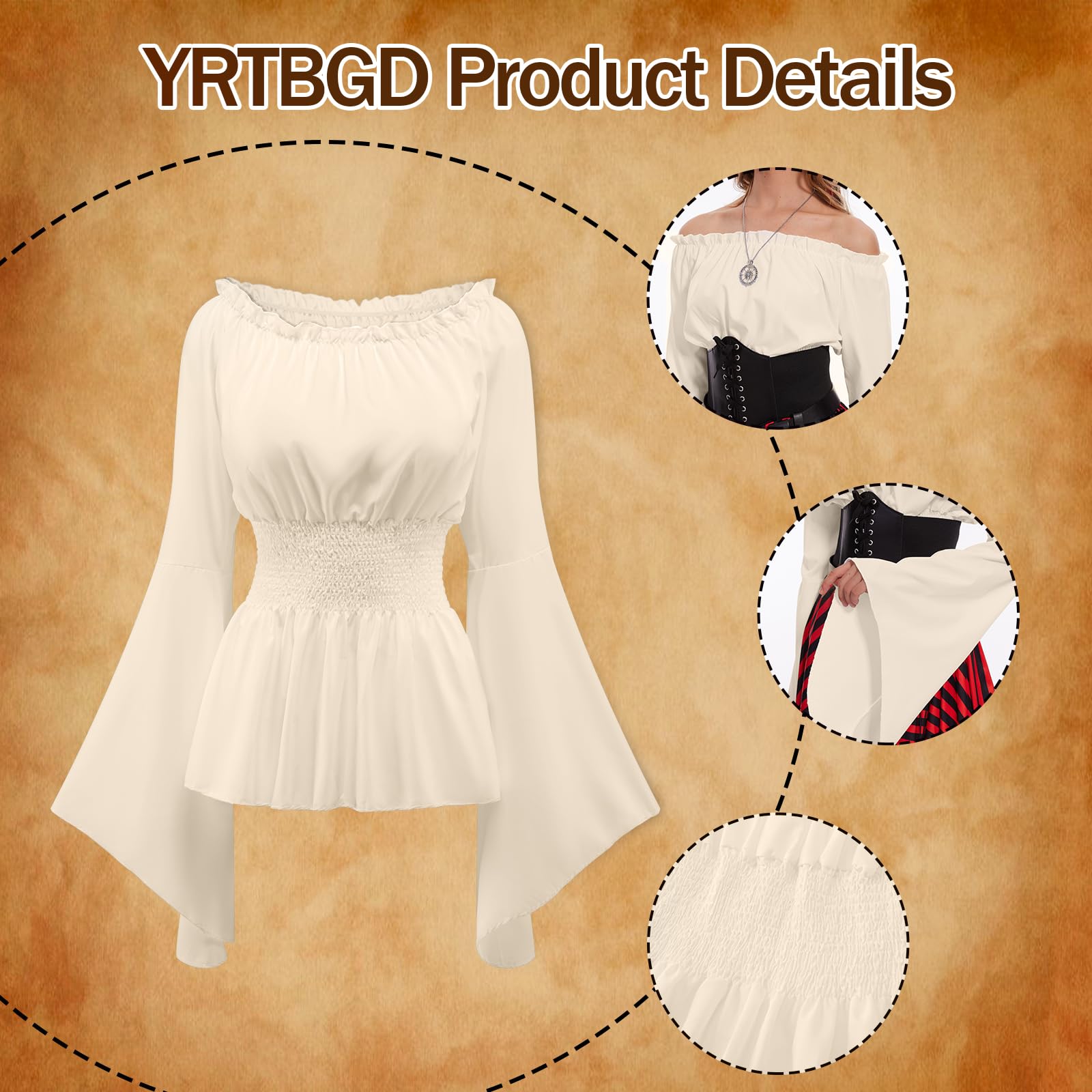 YRTBGD Pirate Costume Adult Women-5 Pcs Renaissance Medieval Viking Blouse with Corset Belt Accessories for Halloween Carnival (Beige - Image 4