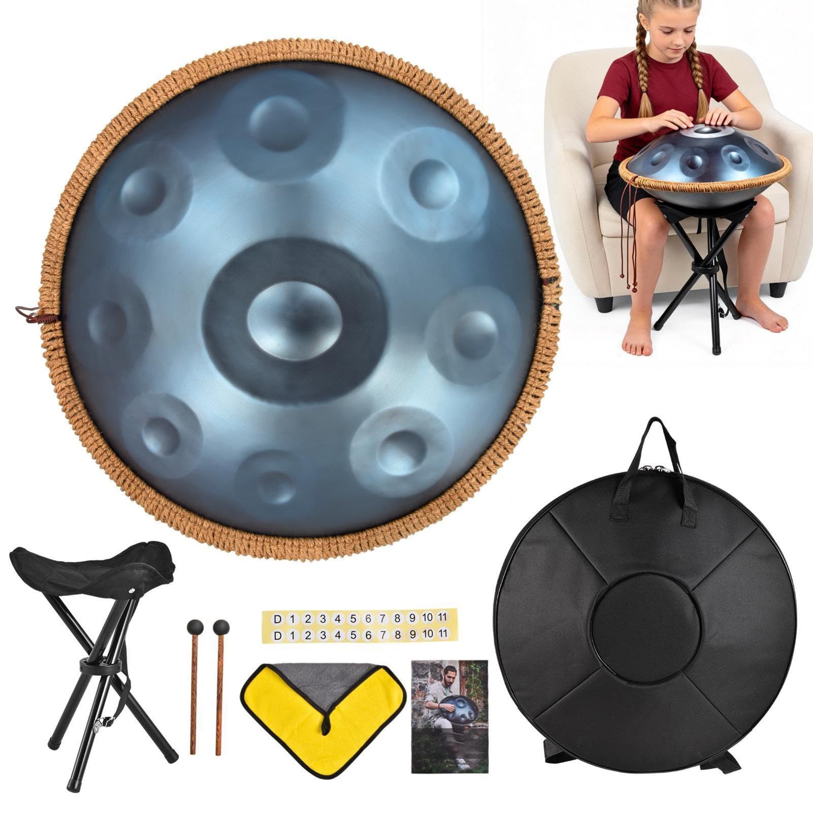 Music Handpan Drum 18 Inch, 440Hz G Minor 9 Notes Steel Tongue Drum with Bag, Mallets, Stand, Stickers, Cloth – Blue Percussion Instrument for Adults, Adults, Meditation, Yoga