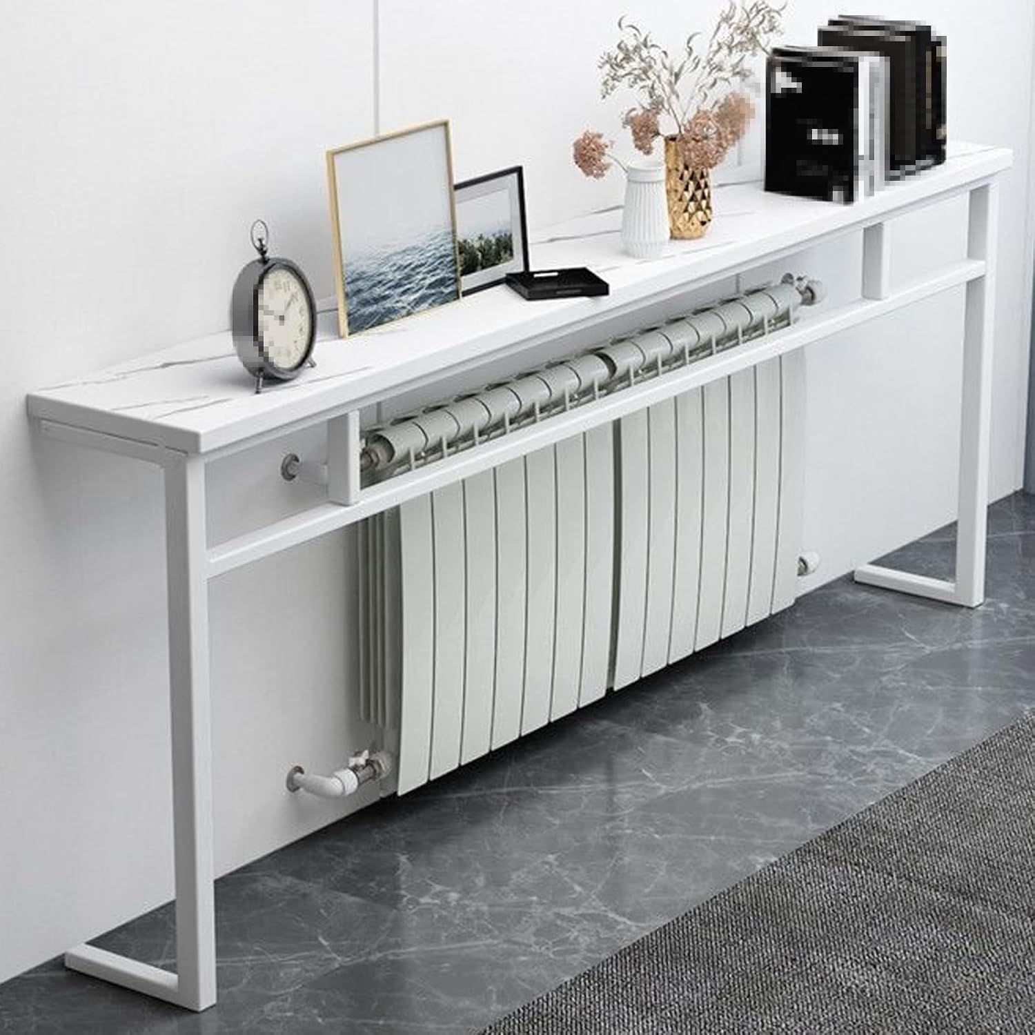 Elegante mensola in metallo per termosifone, soluzione versatile per casa e cucina, finitura bianca, 100 x 20 x 90 cm / 39x8x36in, massimizza lo stile dello spazio