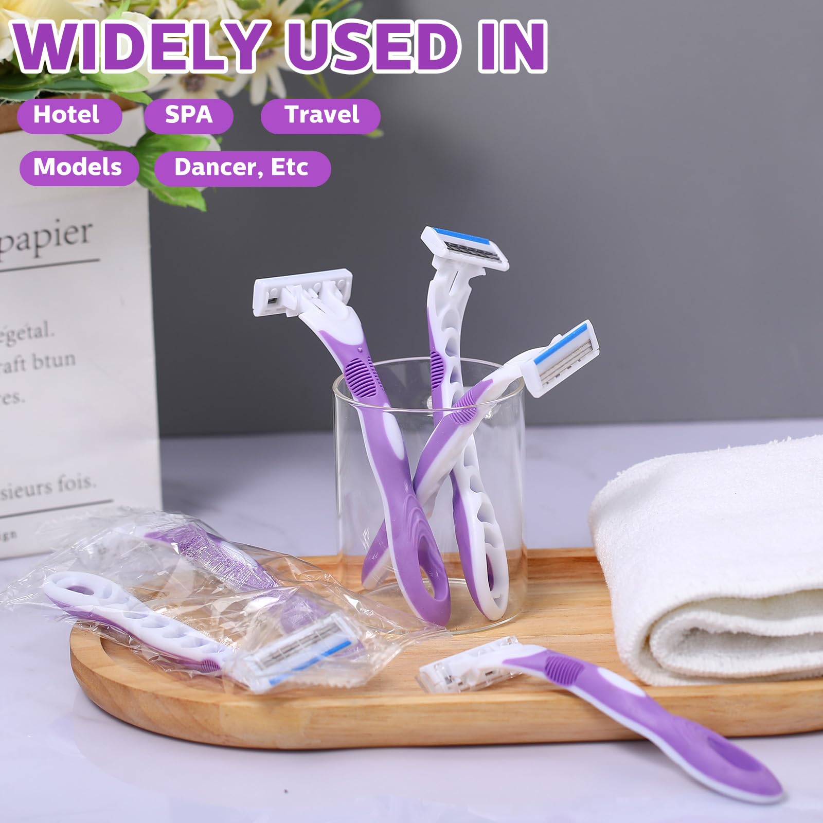 48 maquinillas de afeitar desechables para mujer, a granel, color morado, 3 cuchillas para mujer, piel sensible, línea de bikini, maquinilla de afeitar de viaje para mujeres, baño, hotel