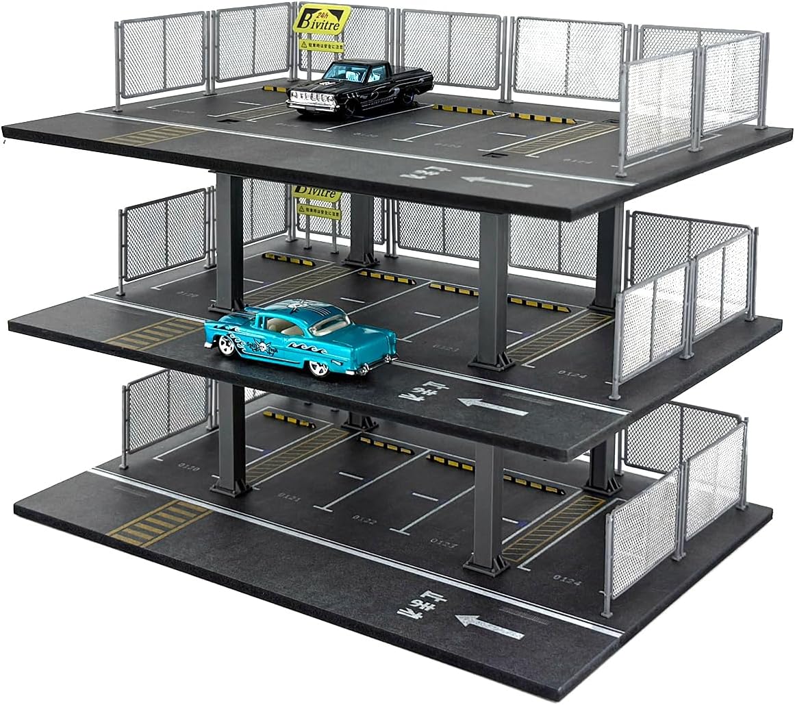 Bivitre Hot Diecast Wheels Display Case - 1/64 Scale Die-cast Model Car Organizer, Hot Diecast Wheels Parking Garage Dioramas with 15 Parking Spaces(Mesh Railing)
