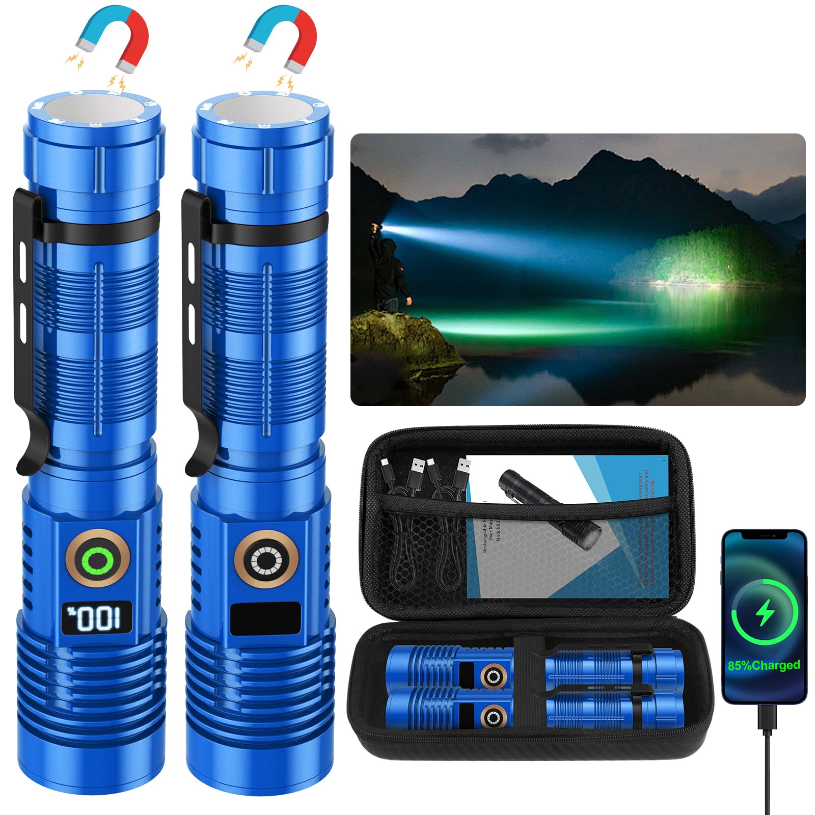 Linterna recargable de alto lúmenes, 12000 lm, luz magnética superbrillante con pantalla digital de potencia, alcance de 3280 pies, regulable, impermeable, linternas LED de bolsillo para camping de