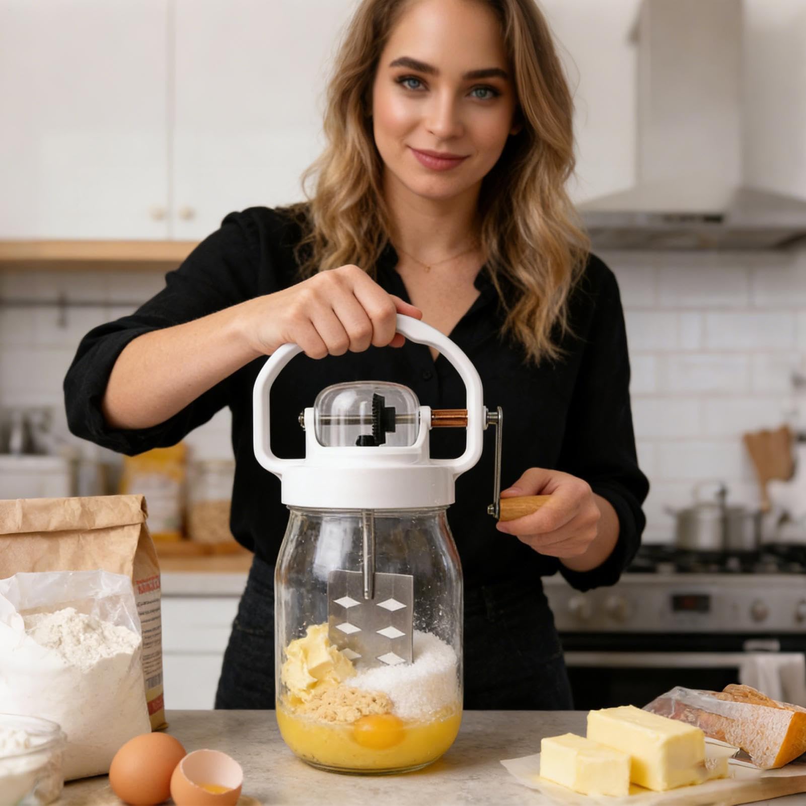 Sbattitore manuale manuale, strumento di miscelazione per burro da 1500 ml | con bottiglia di vetro, per cottura, pasticceria, cibo per bambini, farina, marmellata, uova, pasta, salsa, pancake