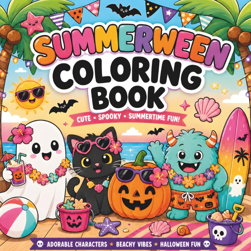 Summerween Coloring Book: Cute Spooky Summer Coloring Book for Kids and Adults with Adorable Ghosts, Pumpkins, Witch Cats, and Easy Designs for Relaxation