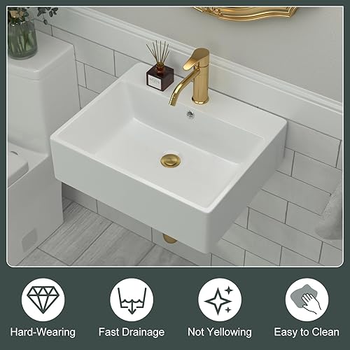 Miniatura 36 de Fregadero de baño de porcelana de cerámica rectangular de 24 x 14 pulgadas sobre mostrador, lavabo de arte blanco y negro Blanco
