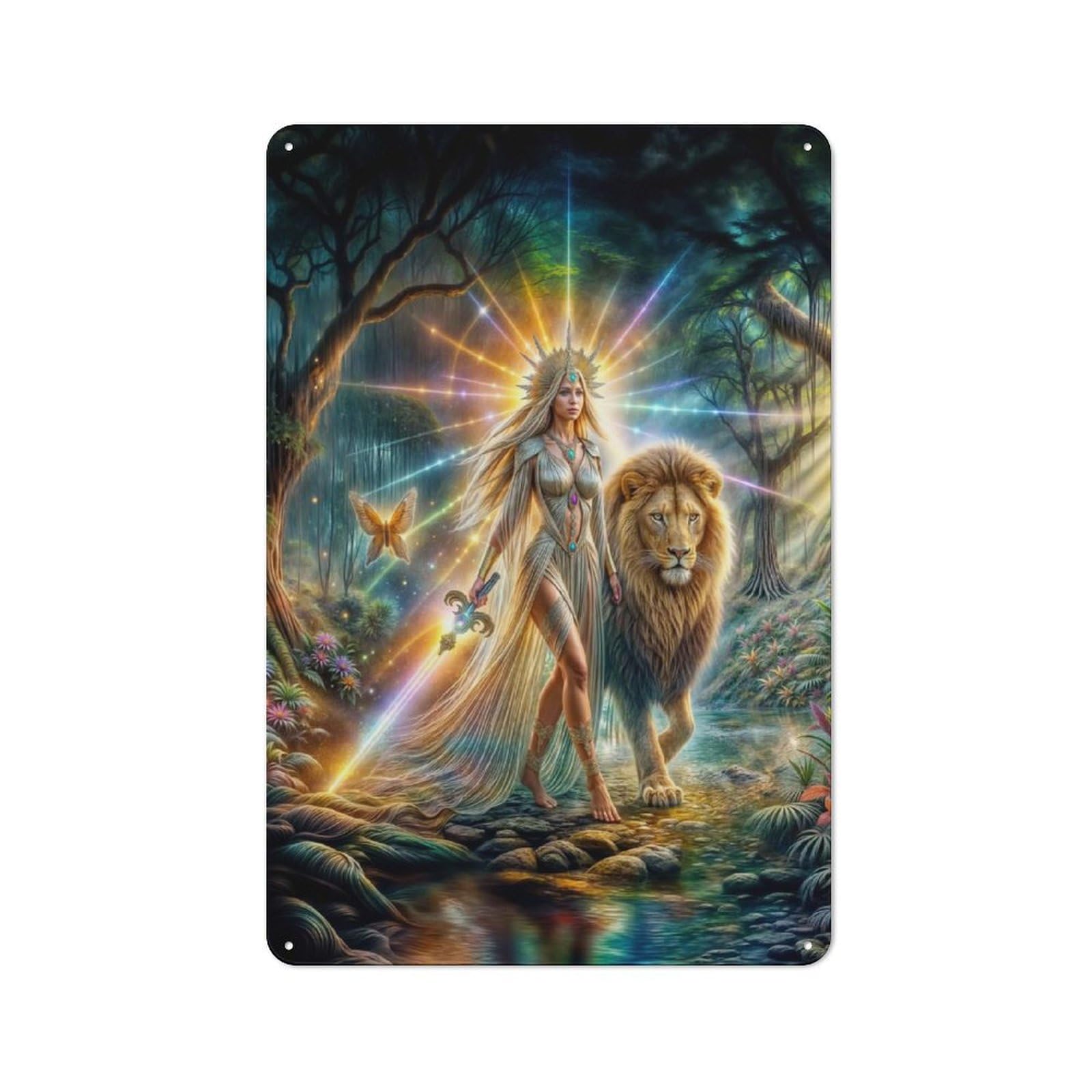 Junmoney Style-9 Metal Plaque With Rainbow Light Warrior Design 30X20cm, Country Style Cafe Wall Decor For Bakery, Diner, Cafe Or Family Room
