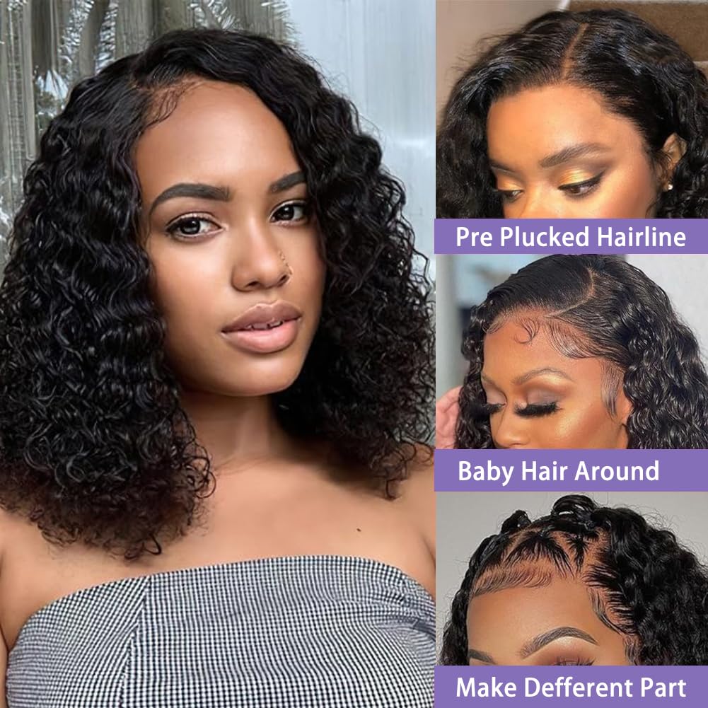 Sungirl Bob Wig Human Hair 13x4 Deep Wave Curly Lace Front Wigs For Women Short Bob Wig Pre Plucked with Baby Hair Glueless Hair Curly Wigs Nature Hairline 180% Density 10 Inch