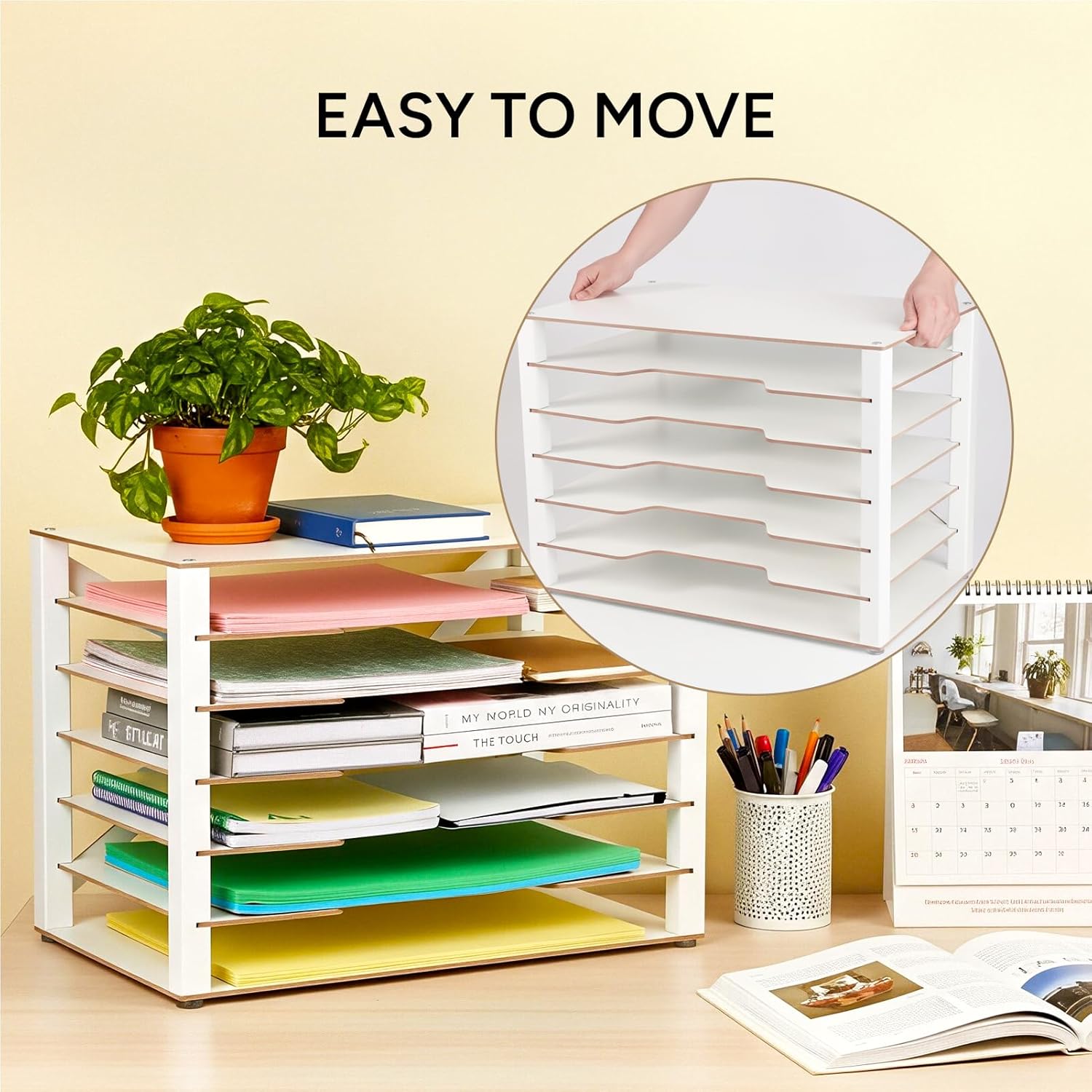 Construction Paper Organizer 12" x 18", 6-Tiers Paper Organizer Storage, Wooden Desktop Organizer, Letter Tray for Office, Home, Classroom