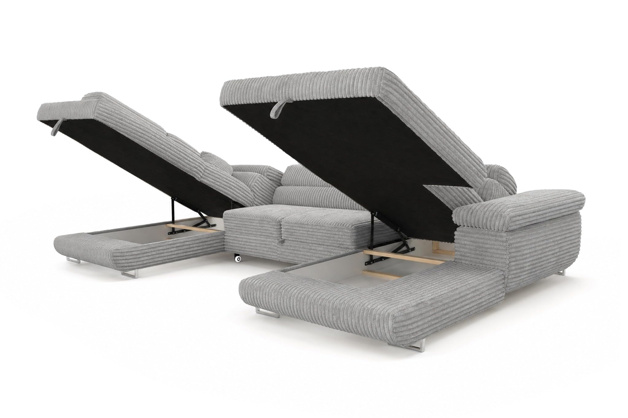 Cordo U XXL Wohnlandschaft mit Schlaffunktion und 2 Bettkästen - Breitcord Tilia - U-Form Sofa (Hellgrau, Linke Seite)