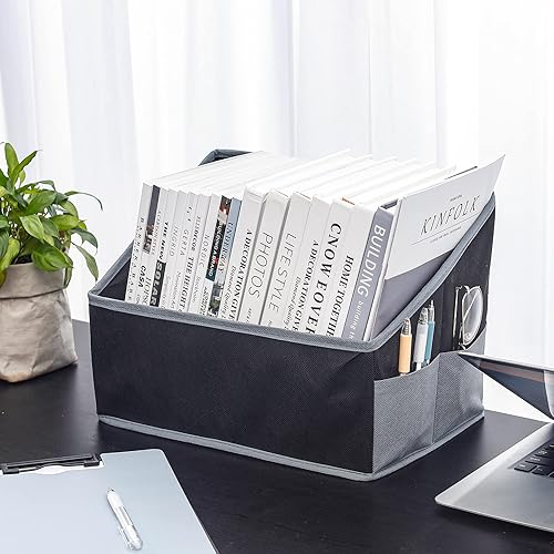 Miniatura 7 de Yesesion Paquete de 2 soportes para revistas para escritorio cubos de almacenamiento de tela para estante gabinete armario oficina en casa