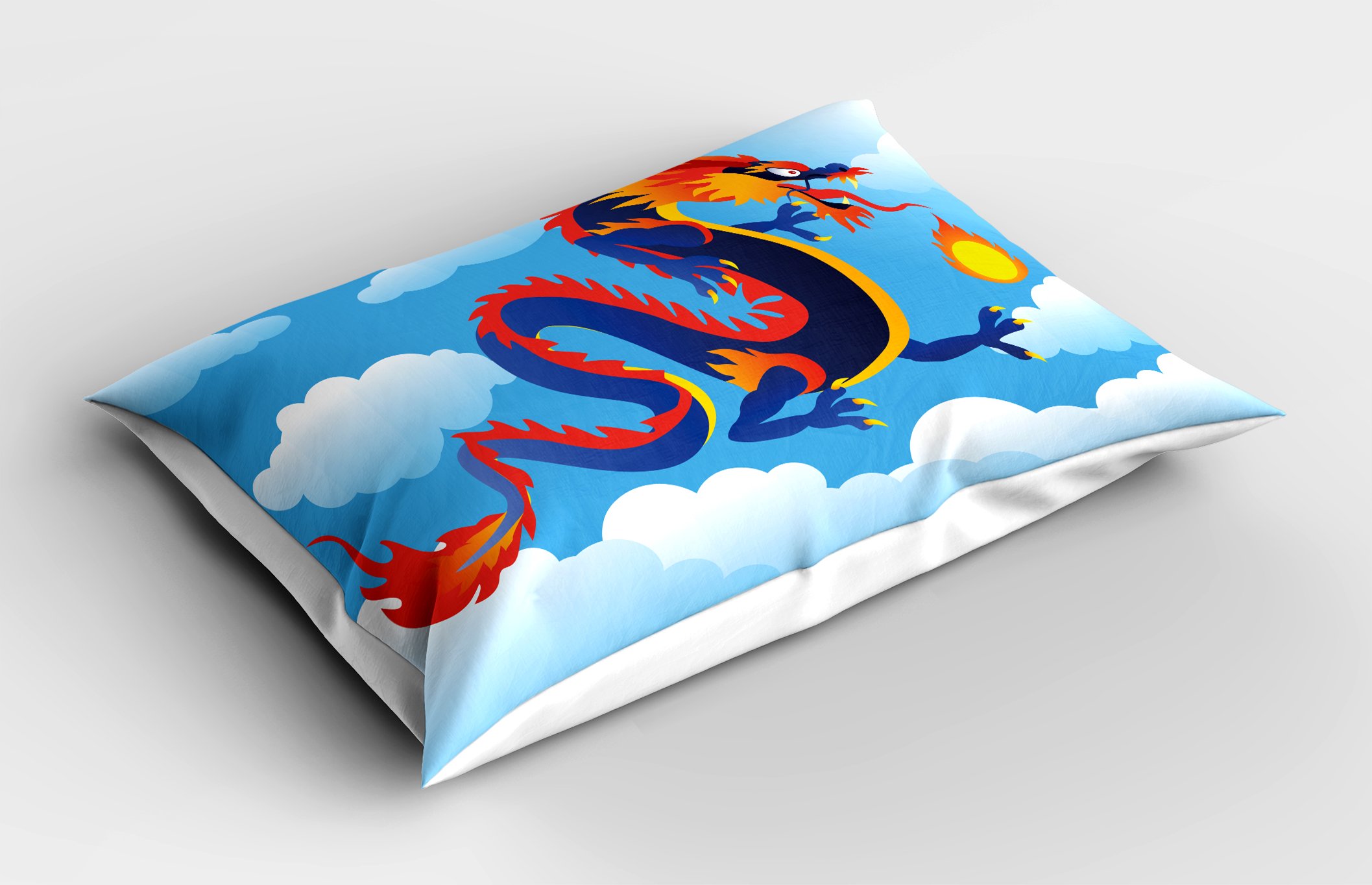 Ambesonne Dragon Pillow Sham, Surreal Folk Tale Creature Spitting on Clouds Chinese Cartoon Art, Decorative Standard Size Printed Pillowcase, 26