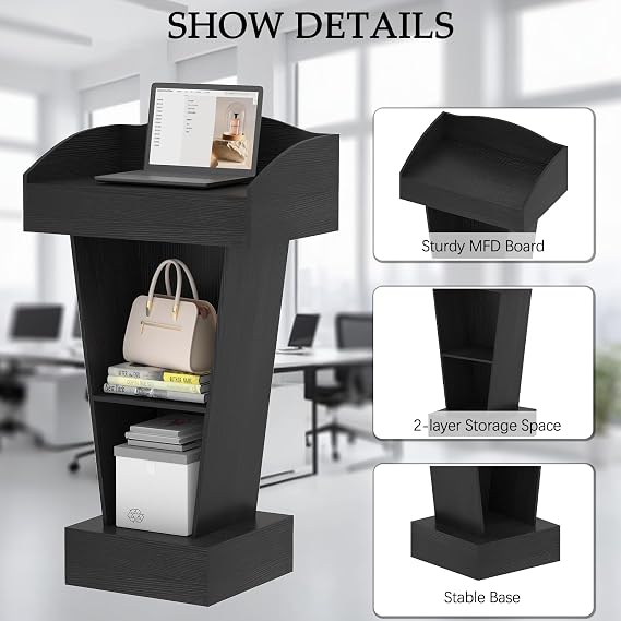 aboxoo Podium Stand - Modern Podium Lectern with Laptop Shelf and Storage, Portable Lectern Podium Stand with Wooden Heavy Base, Ideal for Classroom, Office, Church, and Reception Areas(Black)