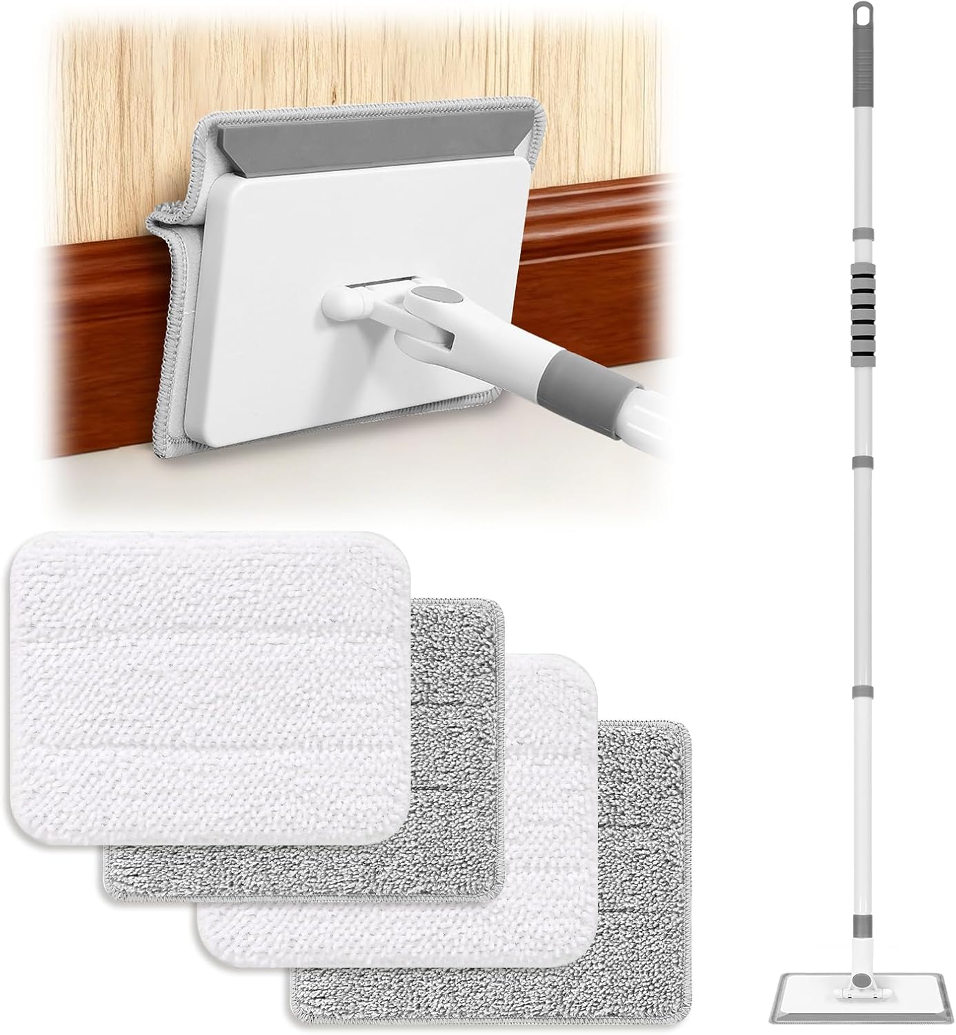 Baseboard Cleaner Tool with Handle, 3 in 1 Wall Cleaner Mop with Long Handle, 360° Rotatable Wall Mop with 4 Replacement Microfiber Chenille Pads for Wall Floor Baseboards Cleaning