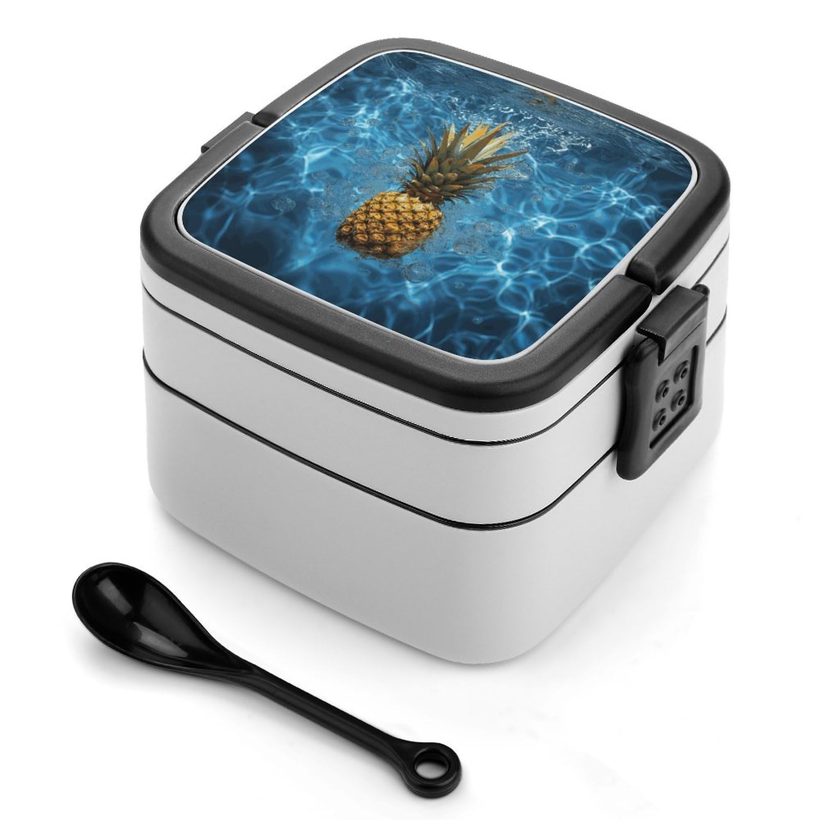 FekiLoot Pineapple in The Pool Bento Box Adult Lunch Box Sealed Bento Lunch Boxes with Spoon Sturdy Double Layer Bento Boxes Snap-on Design Leak Proof Lunch Containers Ideal for Work