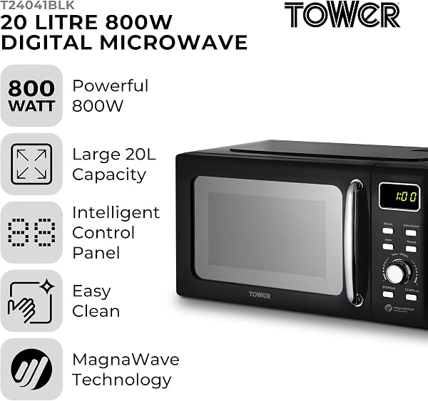 Tower Digital Microwave with Sleek Mirror Door, 800W, 20L, Black & Chrome, T24041BLK - 2