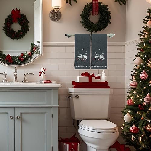Miniatura 191 de Juego de 2 toallas de mano de baño de Navidad, color gris oscuro, 100% algodón, bordadas, diseño de copos de nieve, 16 x 25 pulgadas, toallas 24 Let