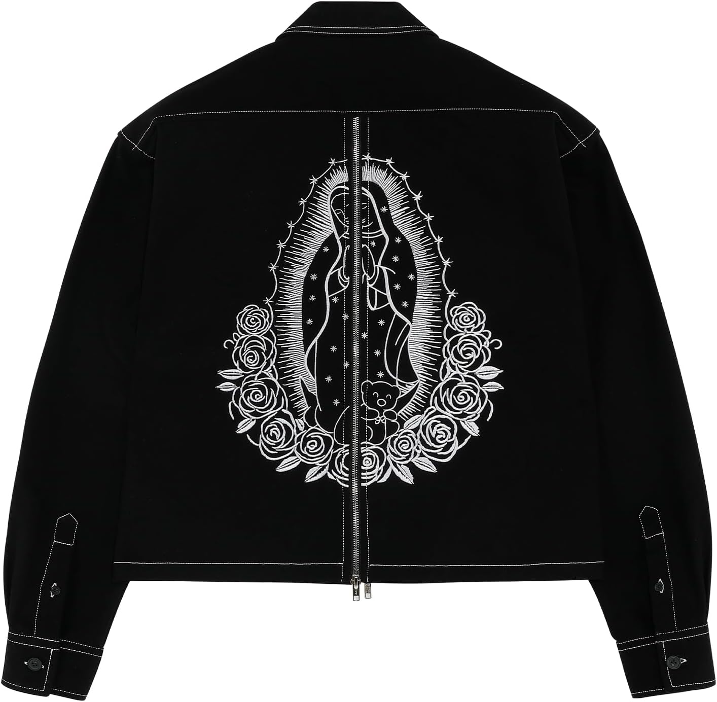 JCARSON Unisex Embroidered Denim Cropped Jacket Contrast Stitch Trucker Jacket with Workwear Pocket Boxy Utility Jean Coat