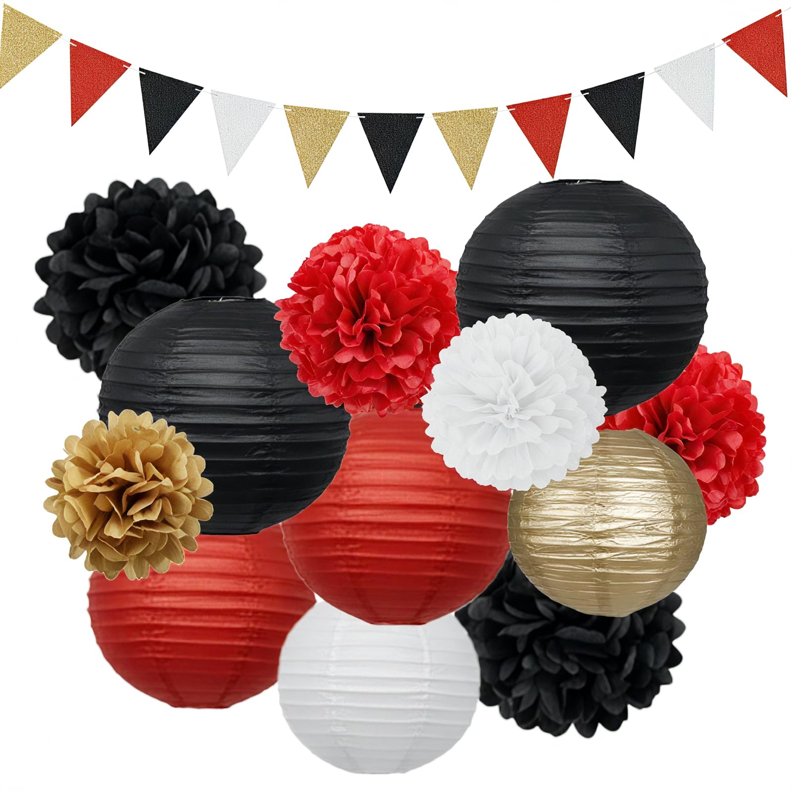 Vsosfiza Casino Night Party Decorations 27PCS Kit-Paper Pom Poms Lanterns Pennant Banner for Vegas Party, New Year, Movie Night, Dice/Poker Theme Decor（Red/White/Black/Gold）