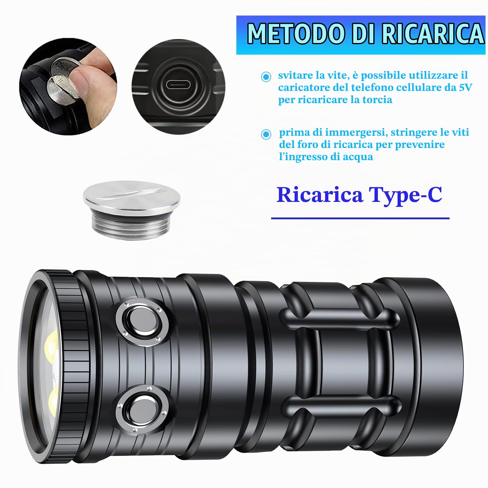 Subacquea per la Fotografia Subacquea, Torcia Subacquea Super Luminosa da 3300 Lumen, Luce Video Subacquea Impermeabile da 100 Metri Con Ricarica Type-C, Professionale per l'Illuminazione Subacquea