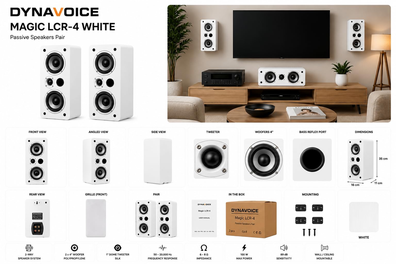 Dynavoice Magic LCR-4 Blanc – Enceintes Passives 2 Voies pour Dolby Atmos & Home Cinéma (Paire), 2×4” + Tweeter 1”, Bass Reflex Frontal, Montage Mur ou Plafond, Blanc Mat