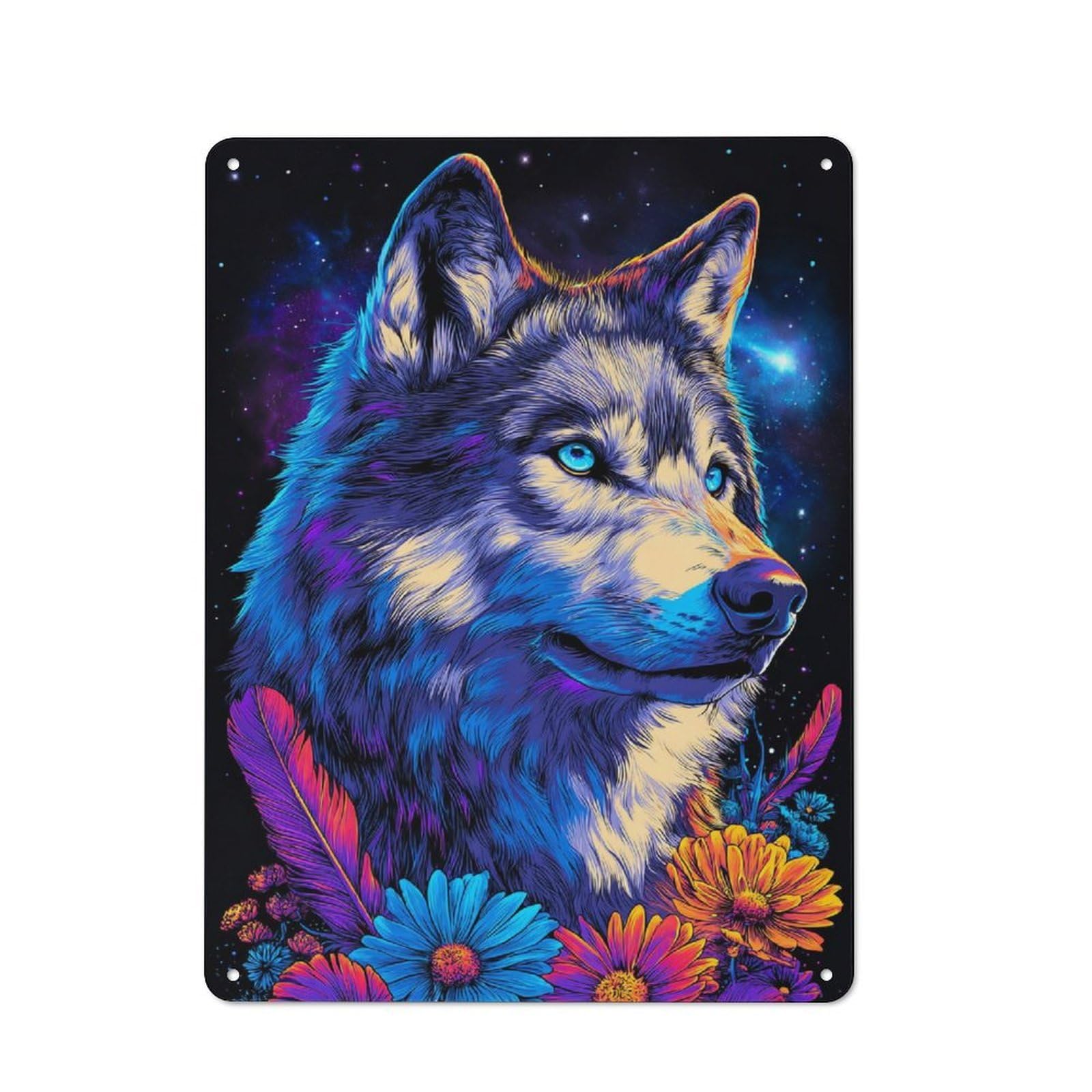 Junmoney Neon Wolf With Flowers -1 Office Metal Sign With Design 40X30cm, Classic Study Room Decor For Office, Study, Studio Or Hallway