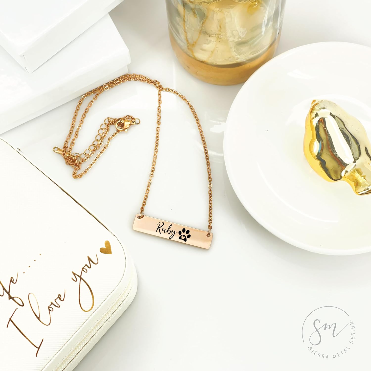 SM Design Rose Gold Stainless Steel Dog Mom Personalized Paw Print Bar Necklace 'x1.5' 18'+2' Extender Lobster Clasp Unisex