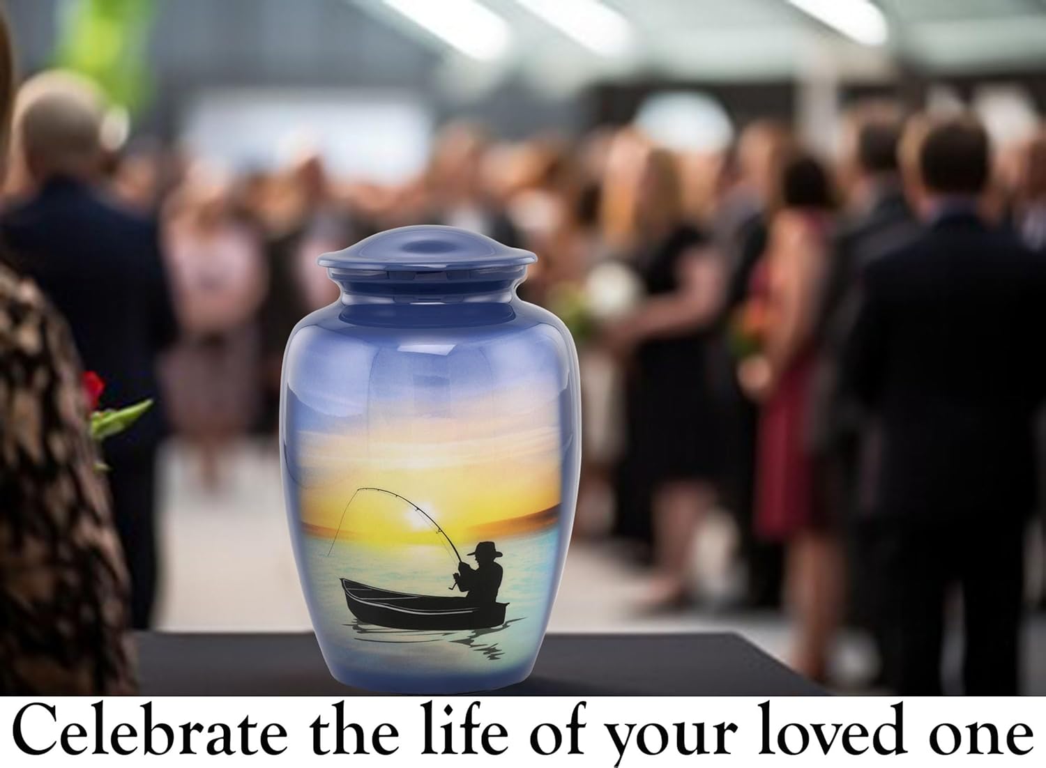 Fishing Urn - Full Size Gone Fishing Cremation Urn - Adult Urns for Men and Women – Fisherman Funeral and Memorial Urns for Human Ashes Upto 210 Lbs with Velvet Bag (Large)