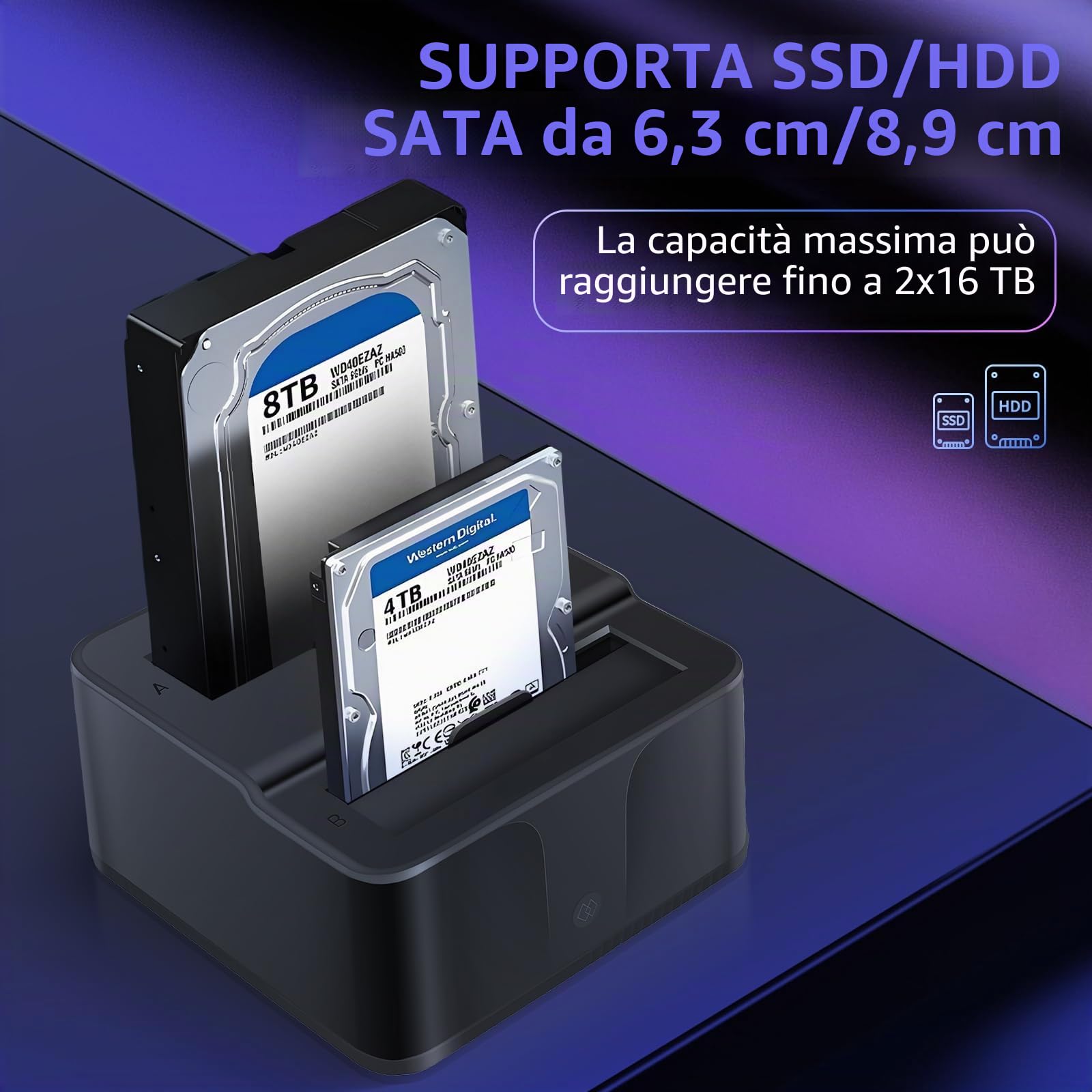 Docking station USB 3.0 doppio alloggiamento per dischi rigidi/SSD SATA da 2,5"/3,5" (fino a 2x16TB) con lettore di schede SD/microSD integrato. Supporta la clonazione offline, Plug & Play