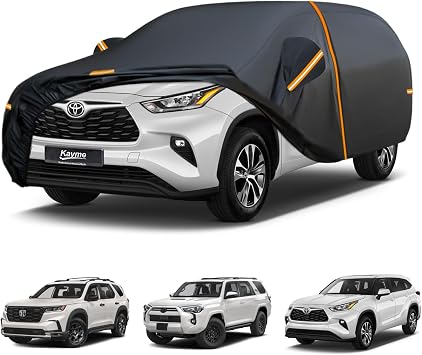 Kayme SUV Car Cover Custom Fit for Toyota Highlander,Honda Pilot,Toyota 4Runner,Outdoor Waterproof All Weather Full Exterior Cover Rain Sun Protector, Windproof Upgraded with Door Zipper and Towel.