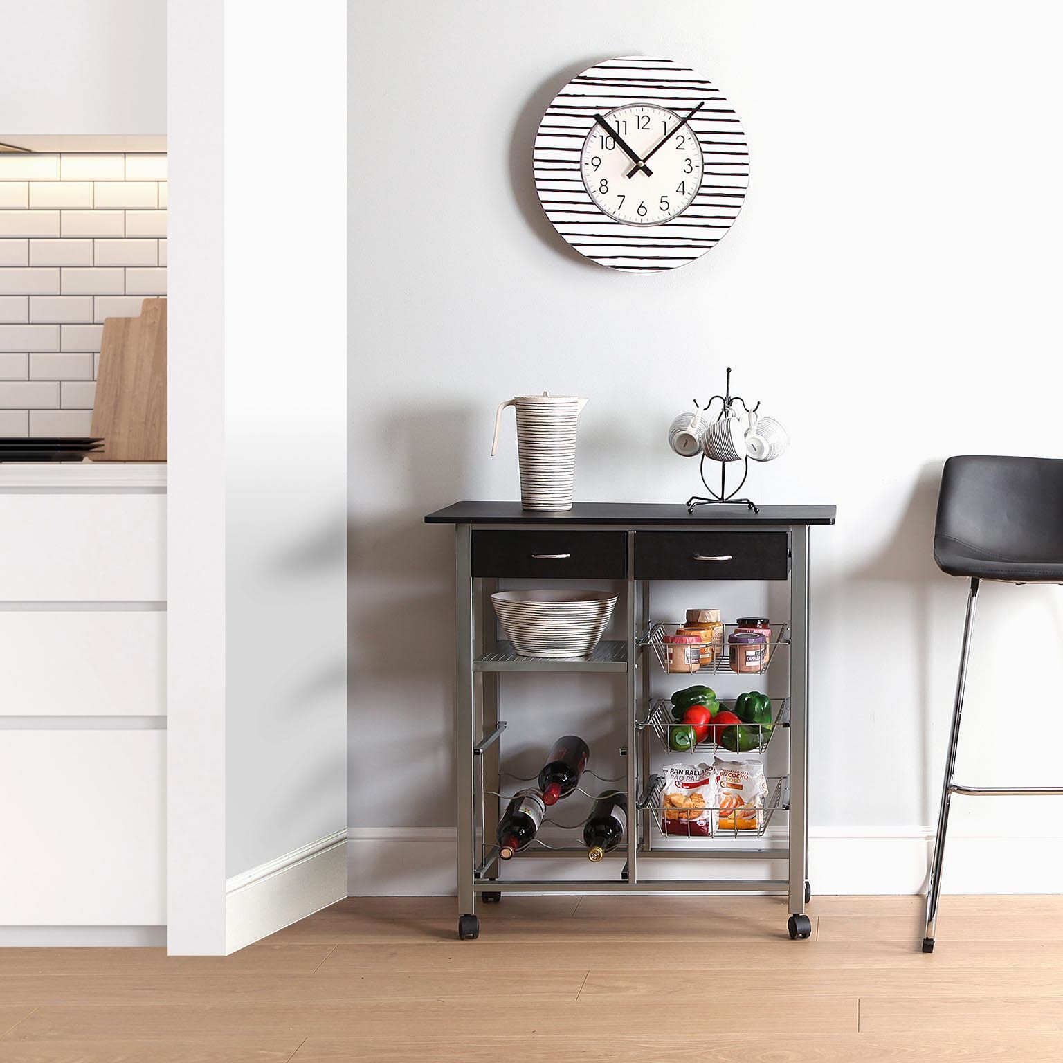 Versa Leicester Chariot de Cuisine avec Roues, tiroirs et Porte-Bouteilles, Rangement de Cuisine, Stockage de Cuisine, Dimensions (H x l x L) 82 x 40 x 76 cm, Bois et métal, Couleur: Noir