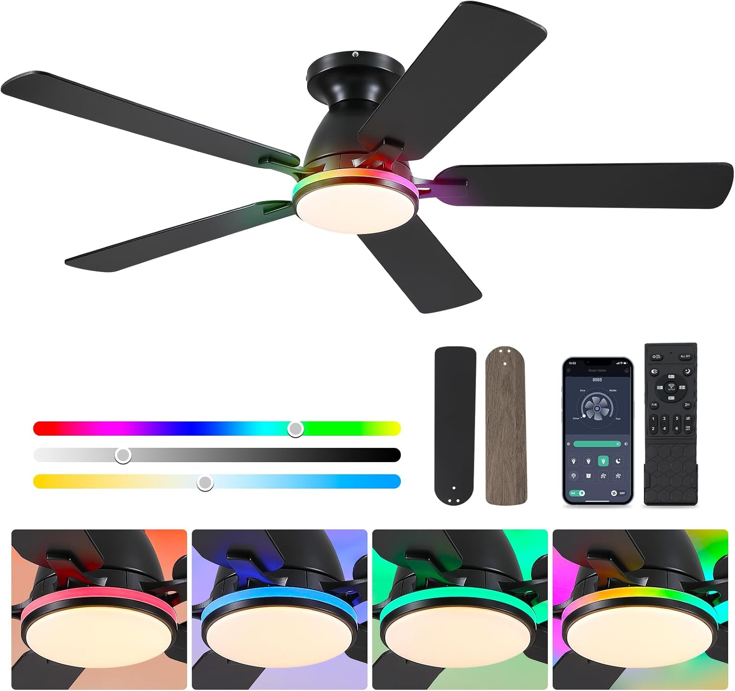 Ceiling Fans with Lights- 52" RGB Low Profile Indoor Ceiling Fan with Light and Remote/APP Control, Flush Mount, LED Dimmable DC Reversible Modern Ceiling Fan for Bedroom?Black?