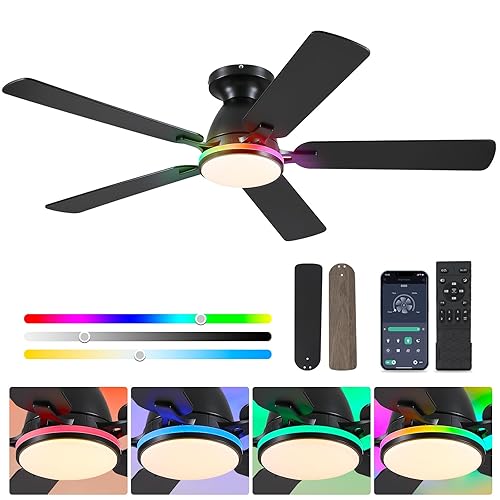 Ceiling Fans with Lights- 52" RGB Low Profile Indoor Ceiling Fan with Light and Remote/APP Control, Flush Mount, LED Dimmable DC Reversible Modern Ceiling Fan for Bedroom（Black） - 52"Black-RGB