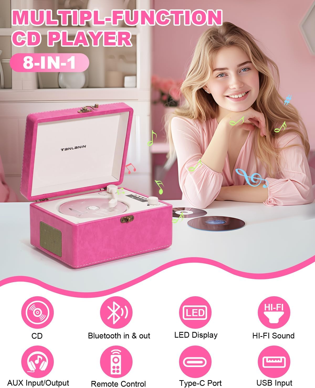 CD Player Portable for Home with Upgraded Speakers Bluetooth in/Out Rechargeable Desktop CD Player with LED Screen Boombox Music Player Pink