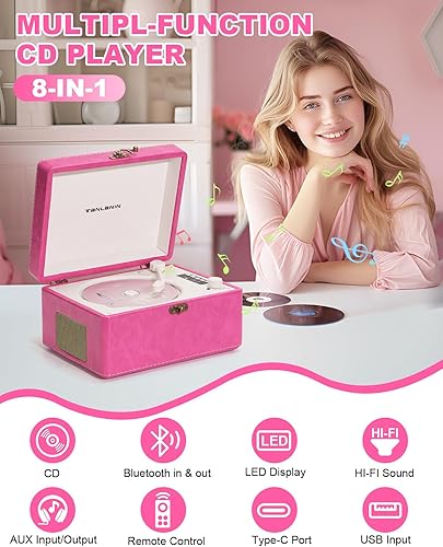 Miniatura 2 de Reproductor de CD portátil para el hogar con altavoces mejorados, entrada y salida Bluetooth, reproductor de CD de escritorio recargable con