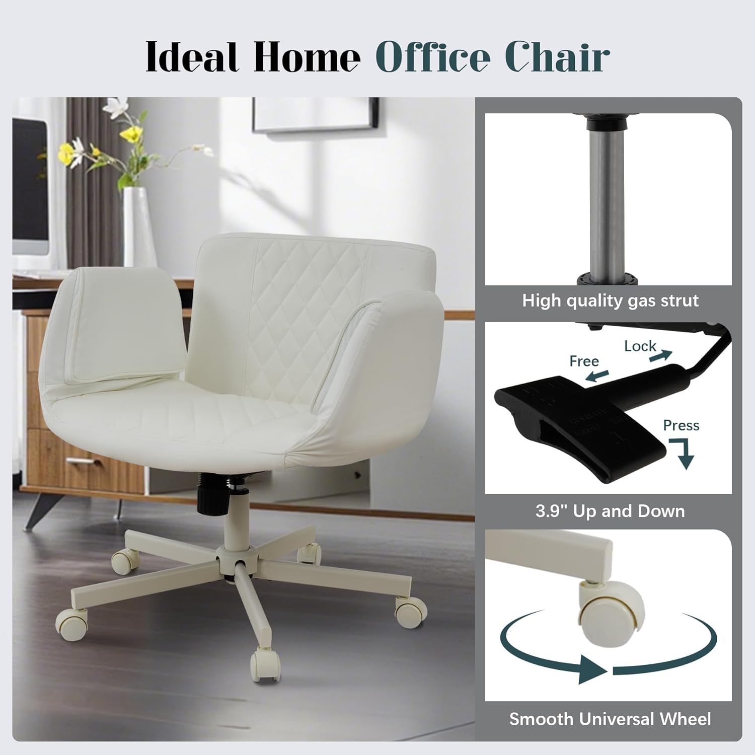 Office Chair, Criss Cross Chair with Wheels & Adjustable Armrests, PU Leather Vanity Desk Chairs for Home, Office, Bed Room(White)