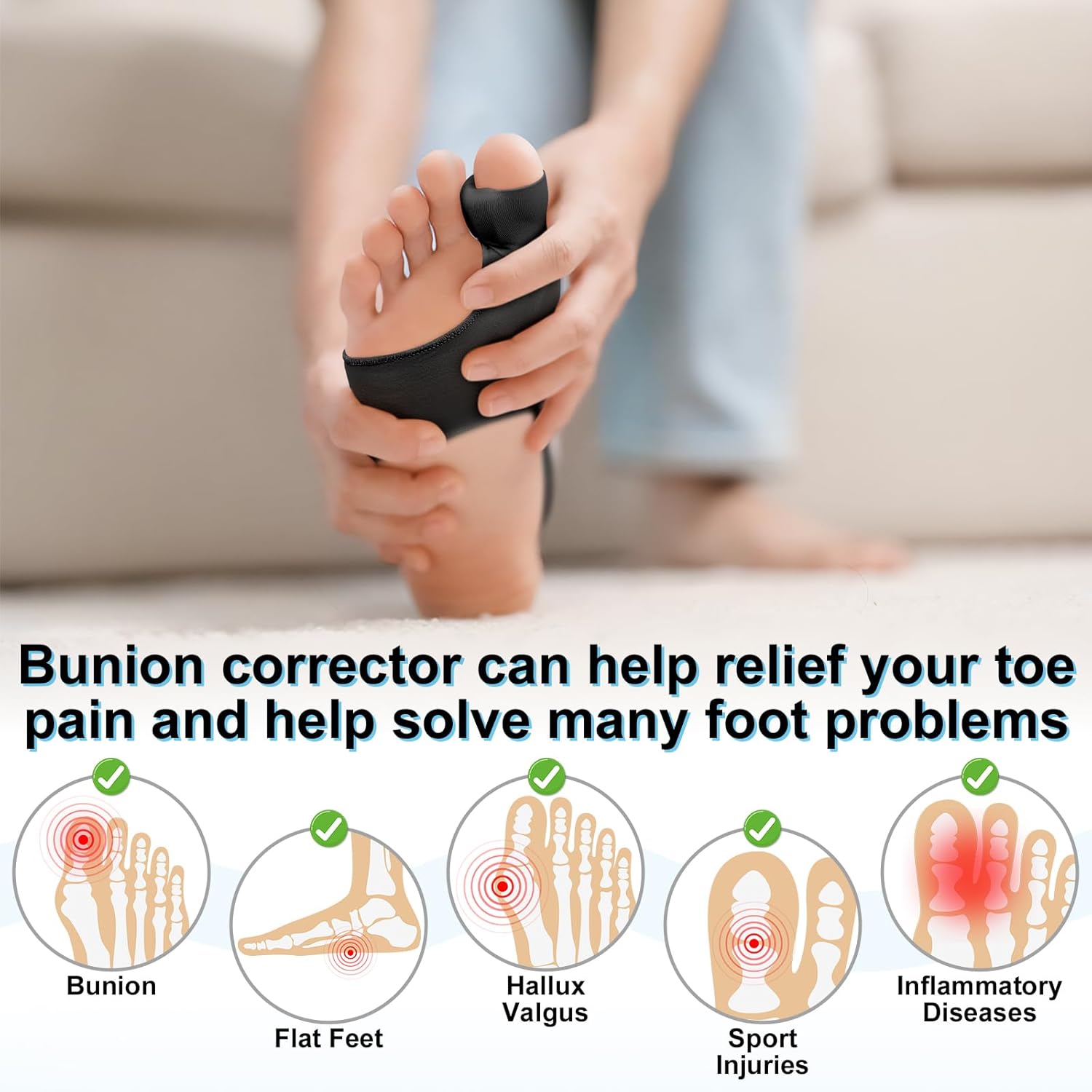 1 Pair Bunion Corrector for Women & Men, Big Toe Straightener for Hallux Valgus Pain Relief & Toe Alignment, Soft and Breathable for Day/Night, Wide Non-slip Strap, Include a Massage Ball (Black) - Image 4