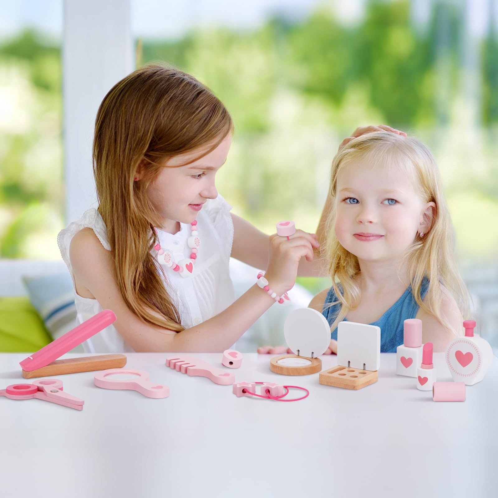 OOOK Coiffeuse pour Enfants, avec Table, Chaise et Miroir (Comprend 15 Accessoires de Maquillage différents, Rose)