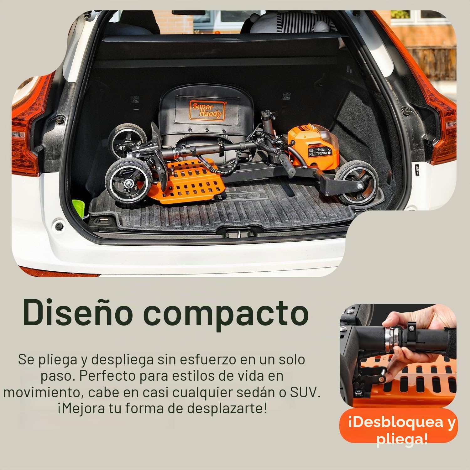 SuperHandy Scooter de Movilidad Passport Pro - Estructura Plegable de Aluminio, 4 Ruedas, Incluye 2 Baterías de Litio-Ion de 48V 2Ah y Cargador, Soporta hasta 150kg [Patente Pendiente]