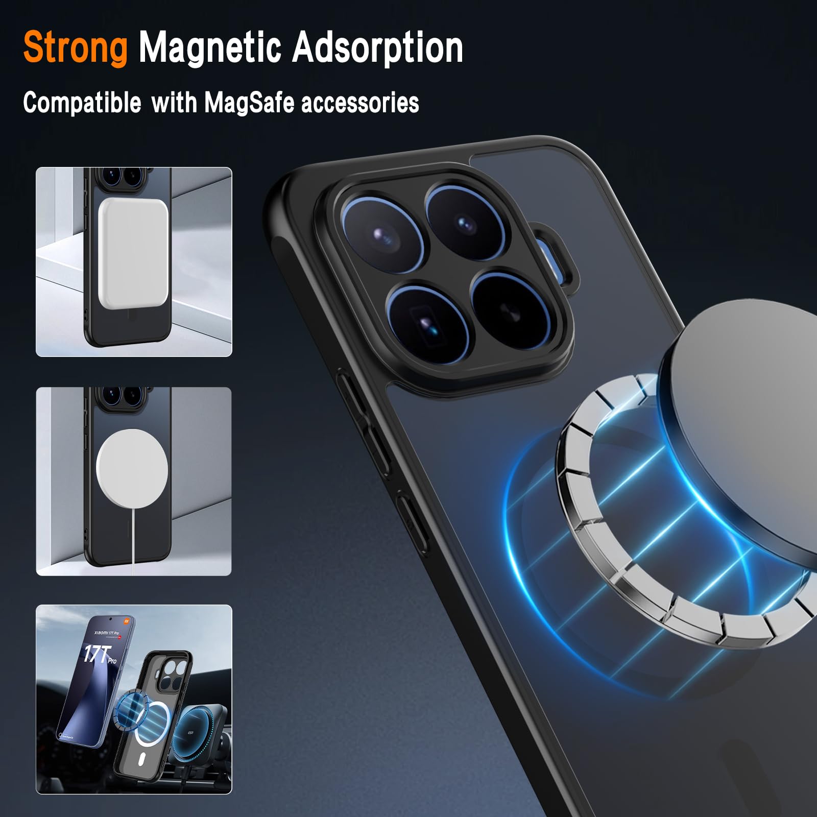 Magnetyczne etui do Xiaomi 17T Pro 5G, kompatybilne z Magsafe z 2 szkłem hartowanym, półprzezroczyste matowe etui odporne na zarysowania cienkie etui ochronne do Xiaomi Mi 17 T Pro, czarne